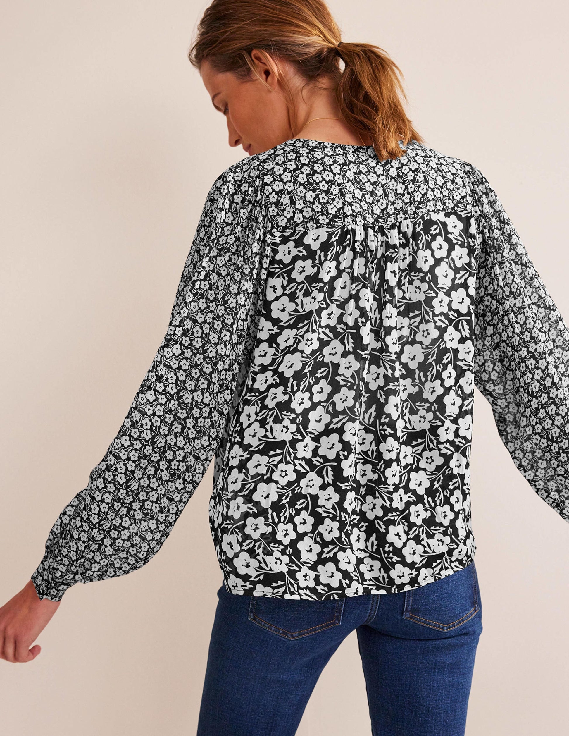 Printed V-Neck Blouse-Black, Petal Pop-3