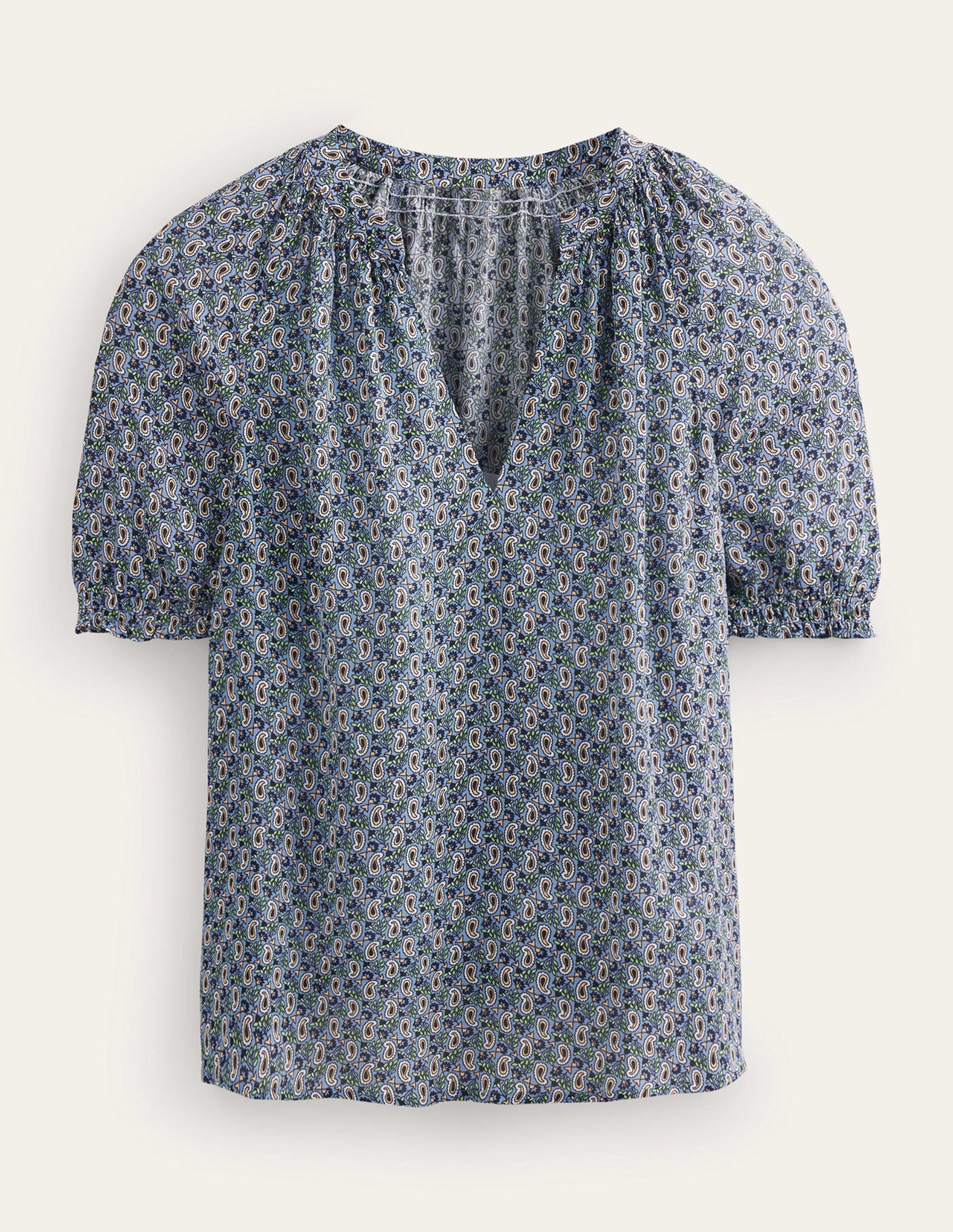 Gathered Neck Short Sleeve Top-Blue, Paisley Stem-5