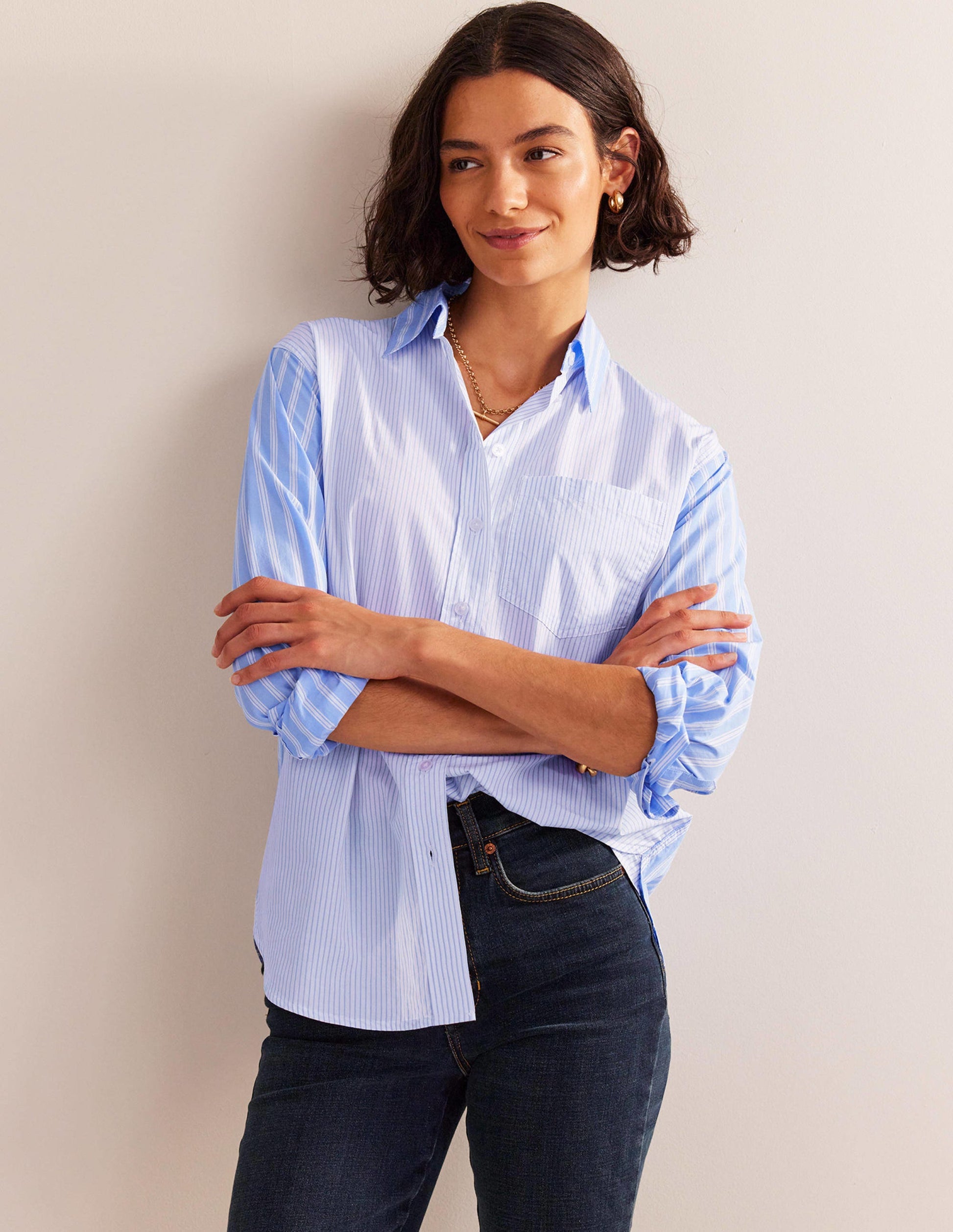 Connie Cotton Shirt-Ivory, Blue Hotch Stripe-4