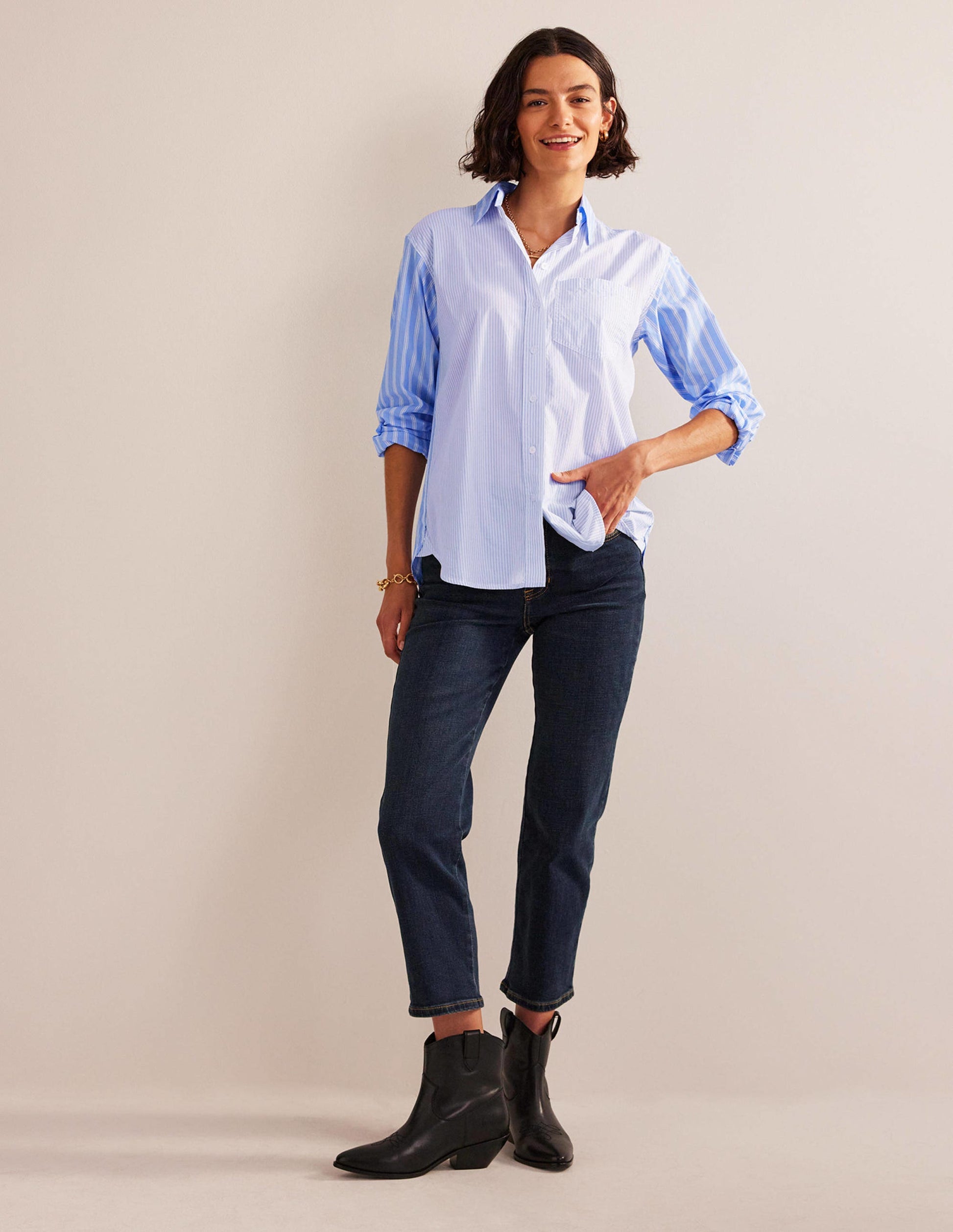 Connie Cotton Shirt-Ivory, Blue Hotch Stripe-5