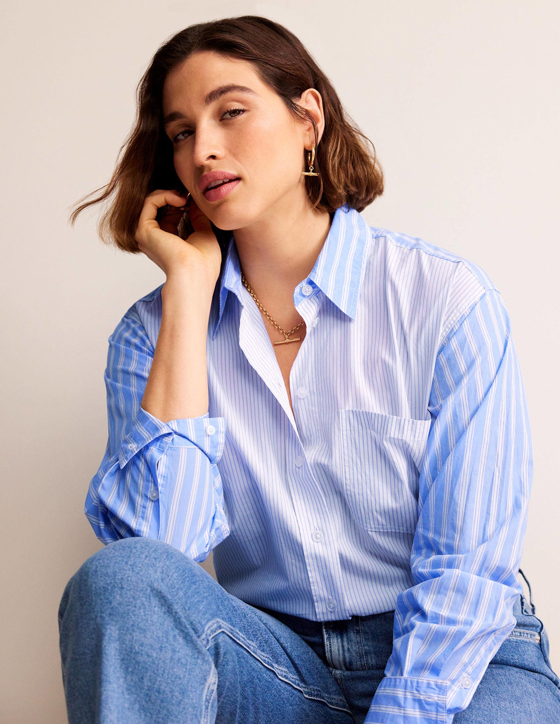 Connie Cotton Shirt-Ivory, Blue Hotch Stripe-7