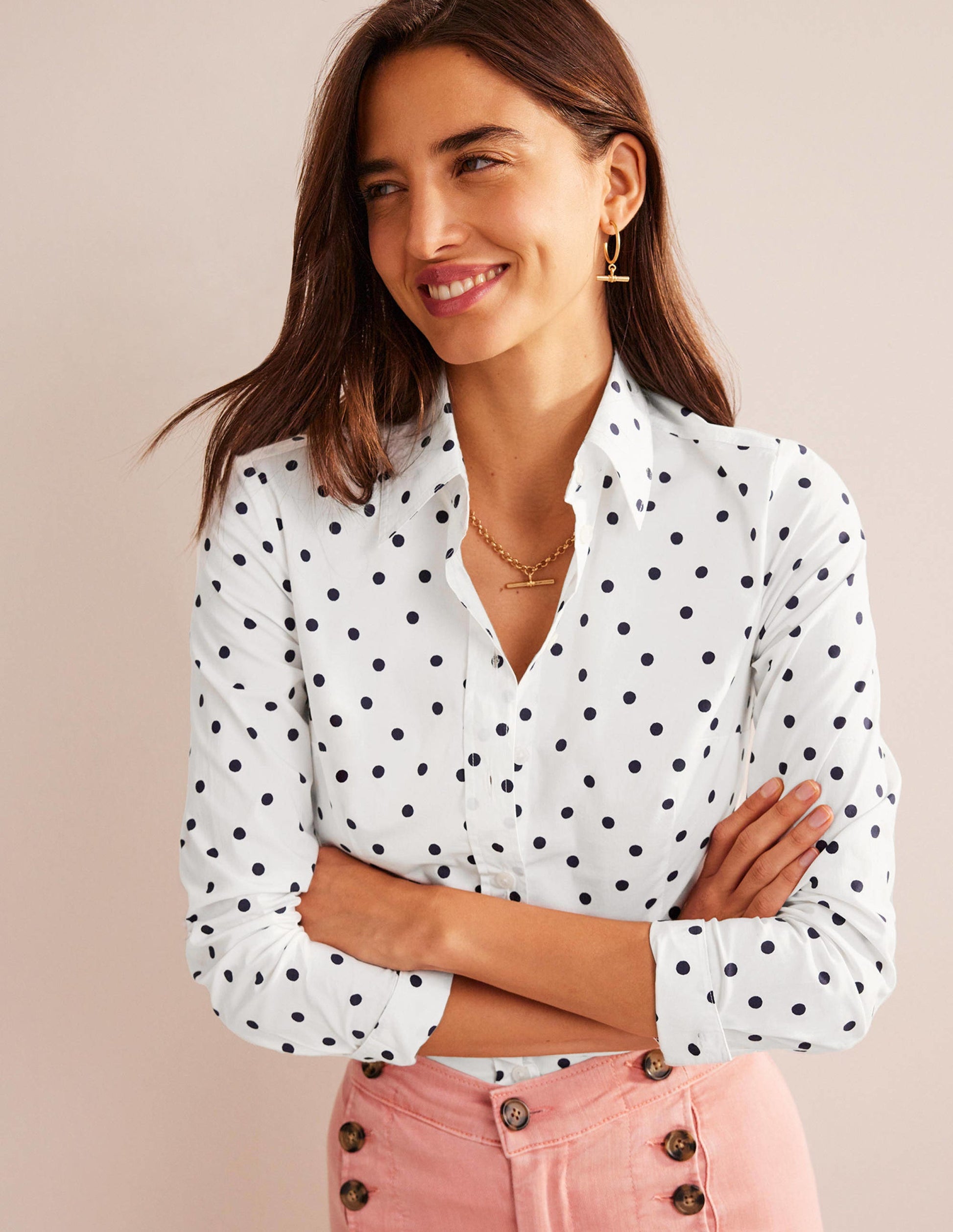 Saskia Stretch Cotton Shirt-Ivory, Spaced Dot-1