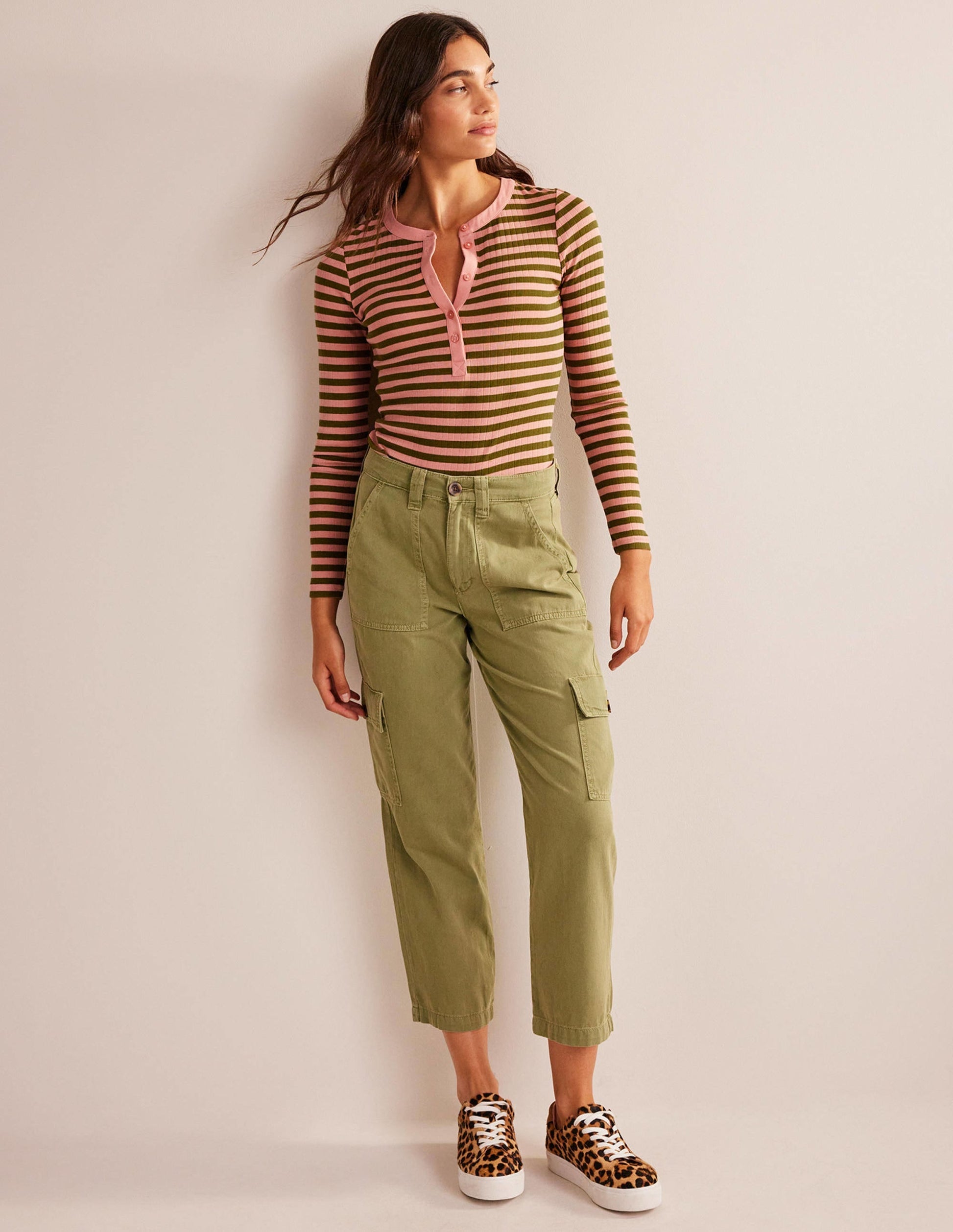 Anna Rib Henley T-Shirt-Rosette Blush, Olive Green-4