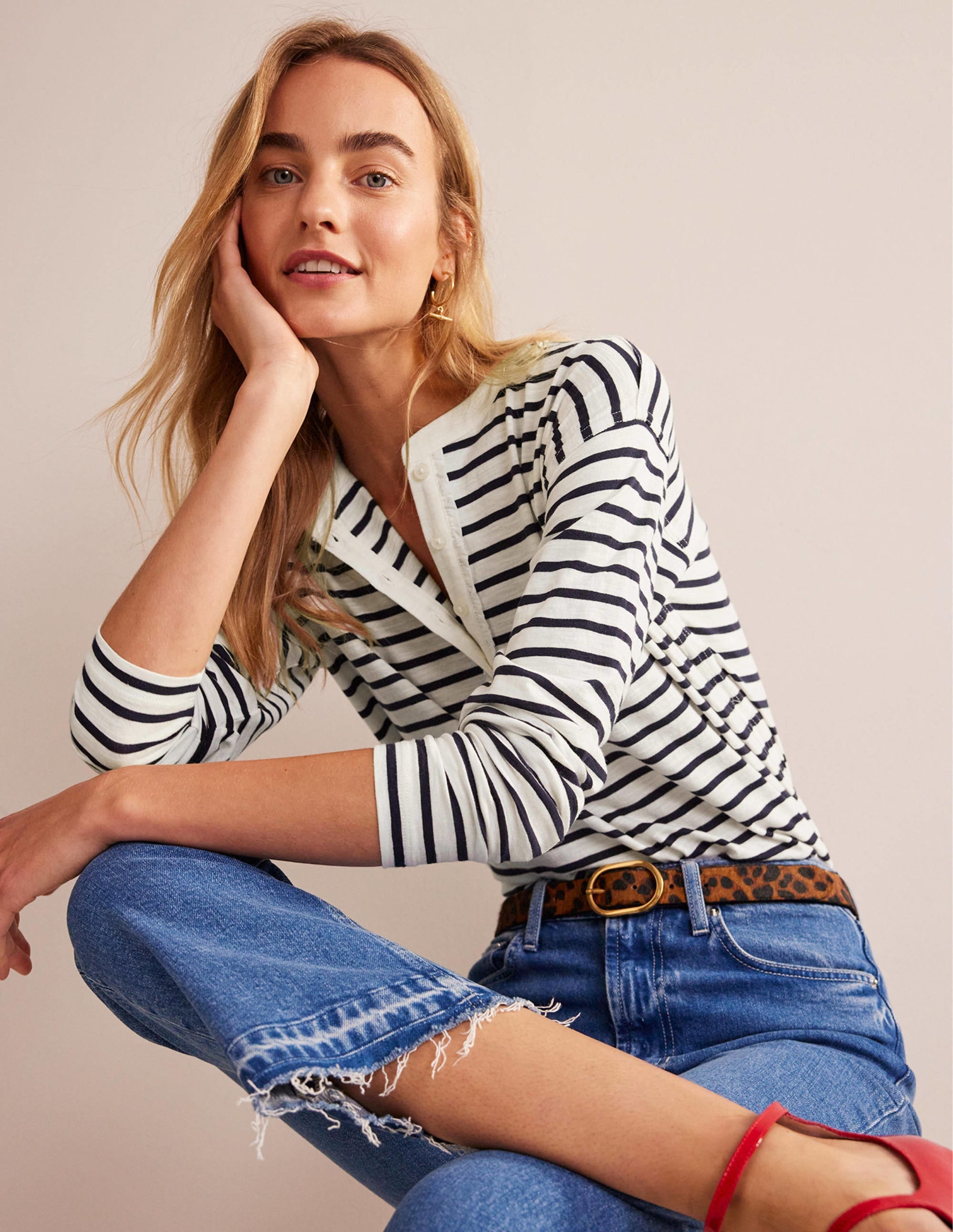 Rosie Stripe T-Shirt-Ivory, Navy - Image 4