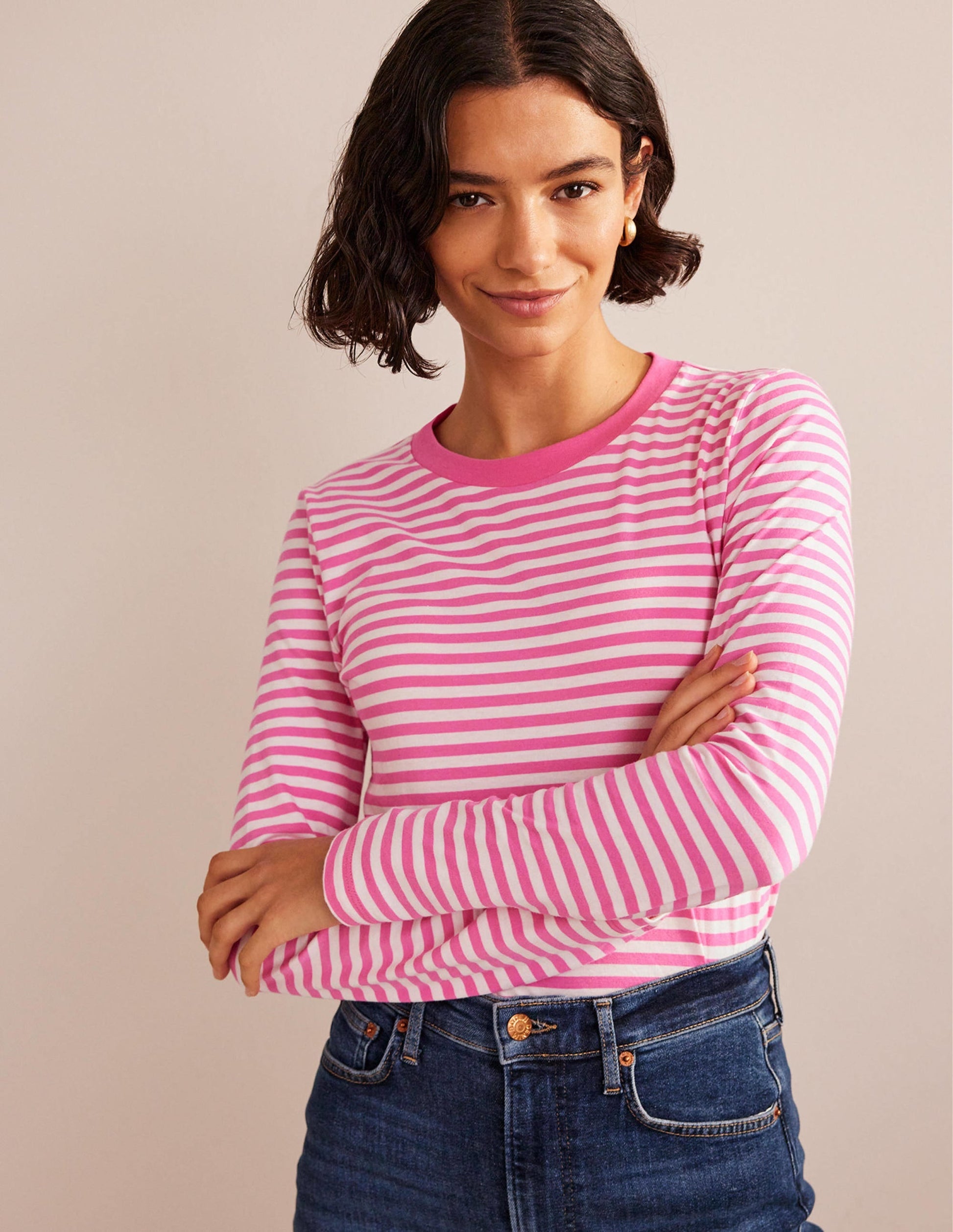 Pure Cotton Long Sleeve Top-Ivory, Pink-1