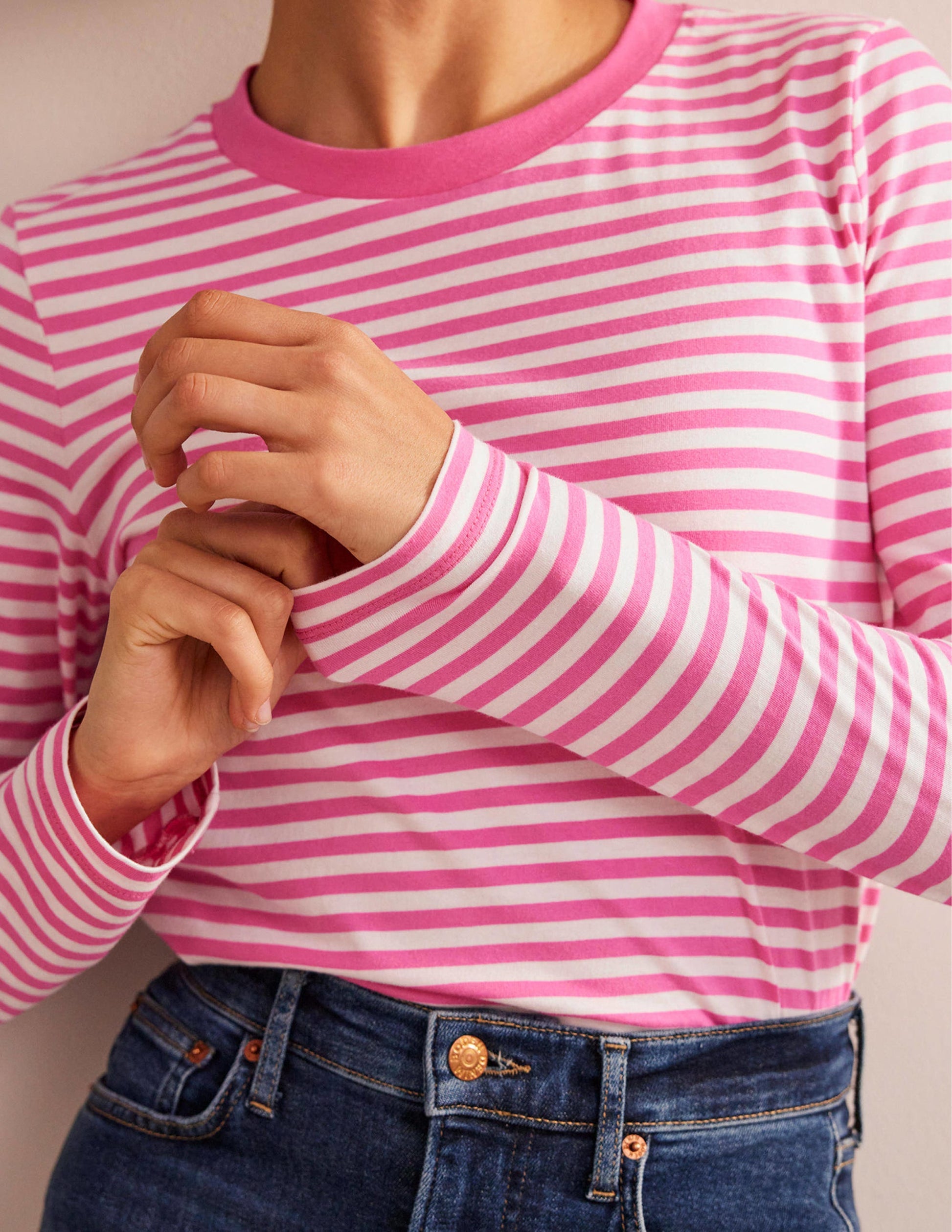 Pure Cotton Long Sleeve Top-Ivory, Pink-2