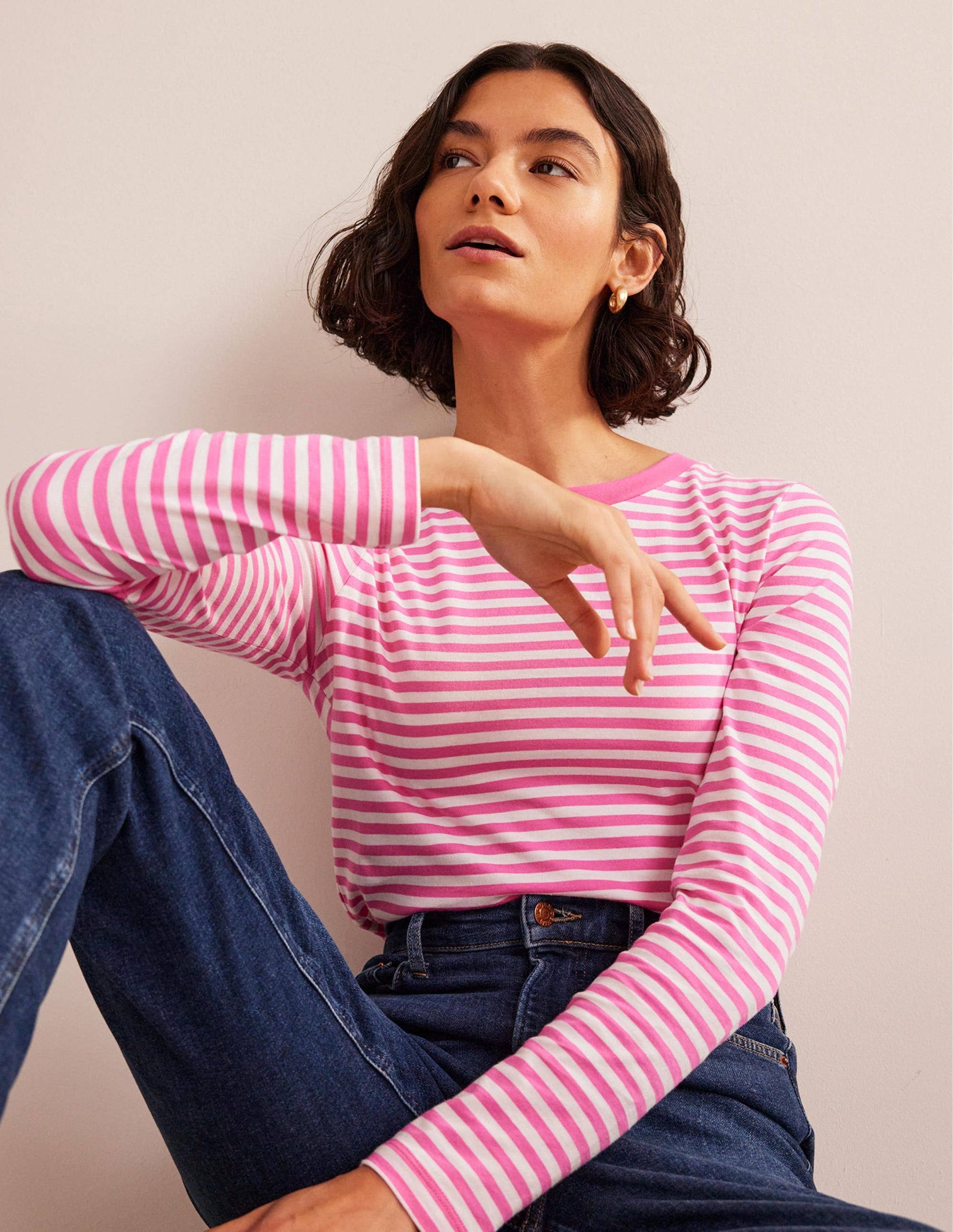 Pure Cotton Long Sleeve Top-Ivory, Pink-4
