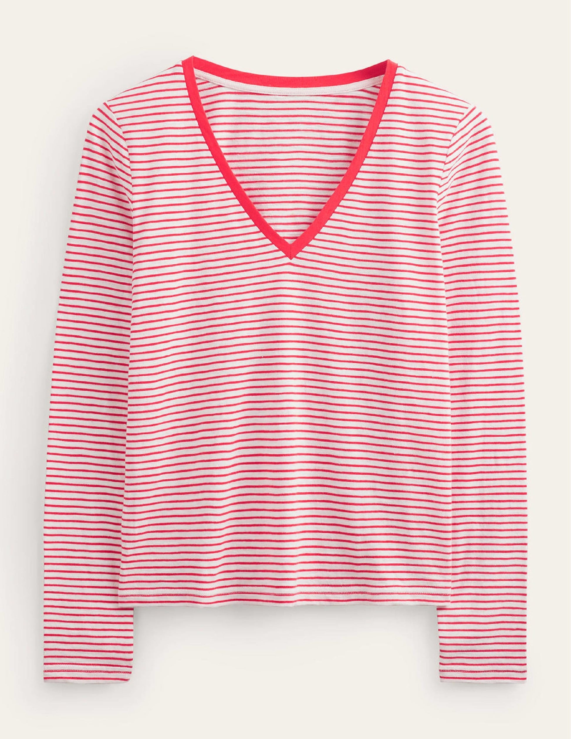 Cotton V-Neck Long Sleeve Top-Ivory, Red-5