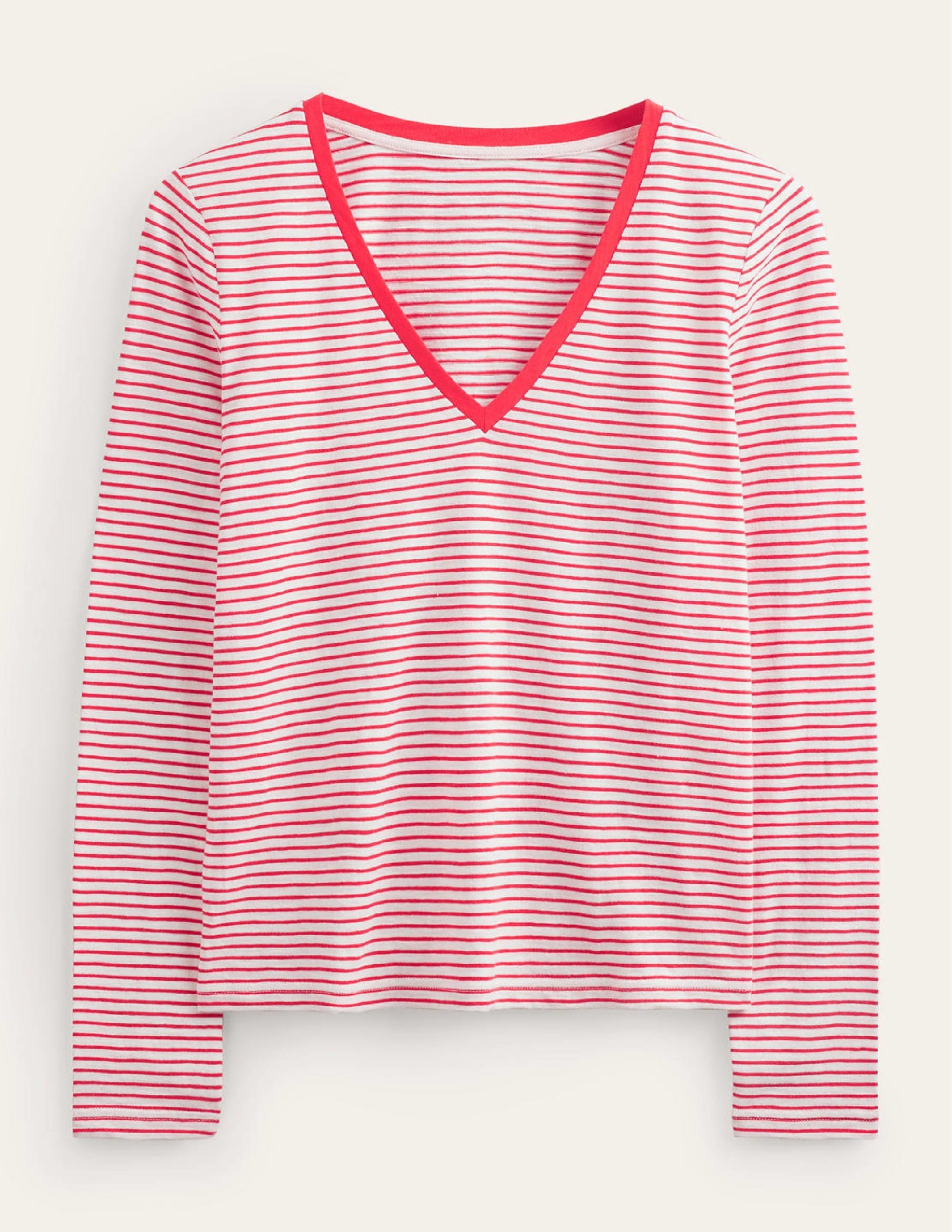 Cotton V-Neck Long Sleeve Top-Ivory, Red - Image 5