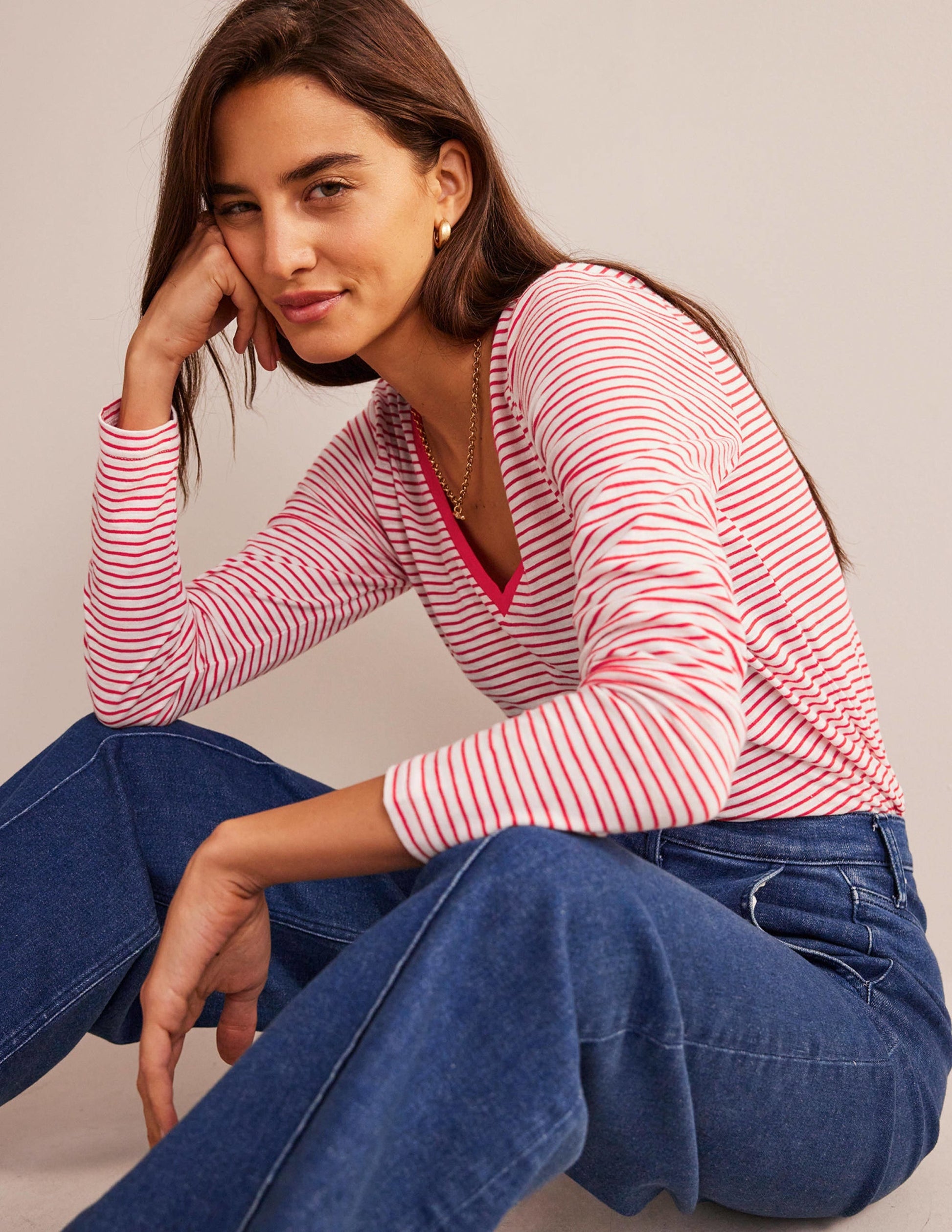 Cotton V-Neck Long Sleeve Top-Ivory, Red-1