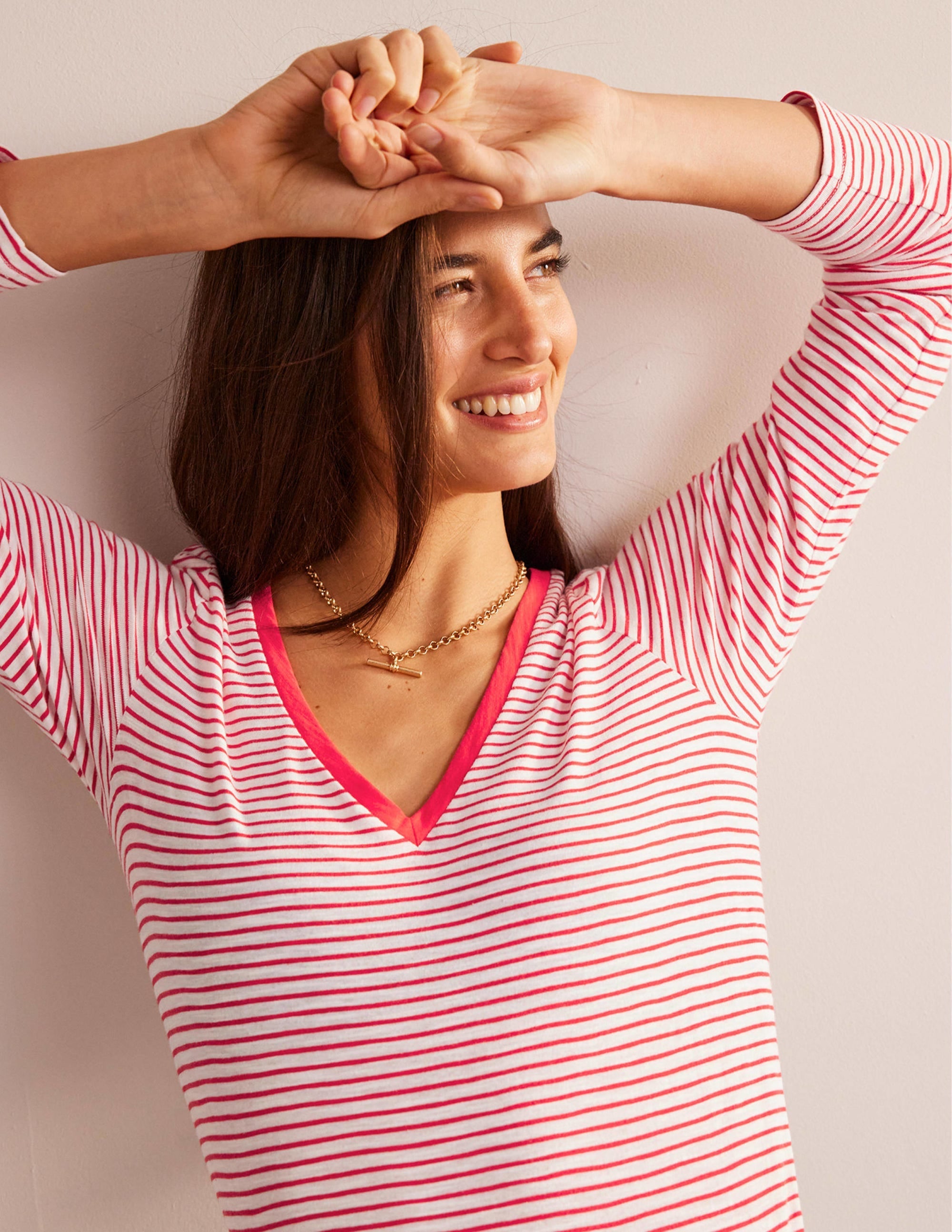 Cotton V-Neck Long Sleeve Top-Ivory, Red - Image 2