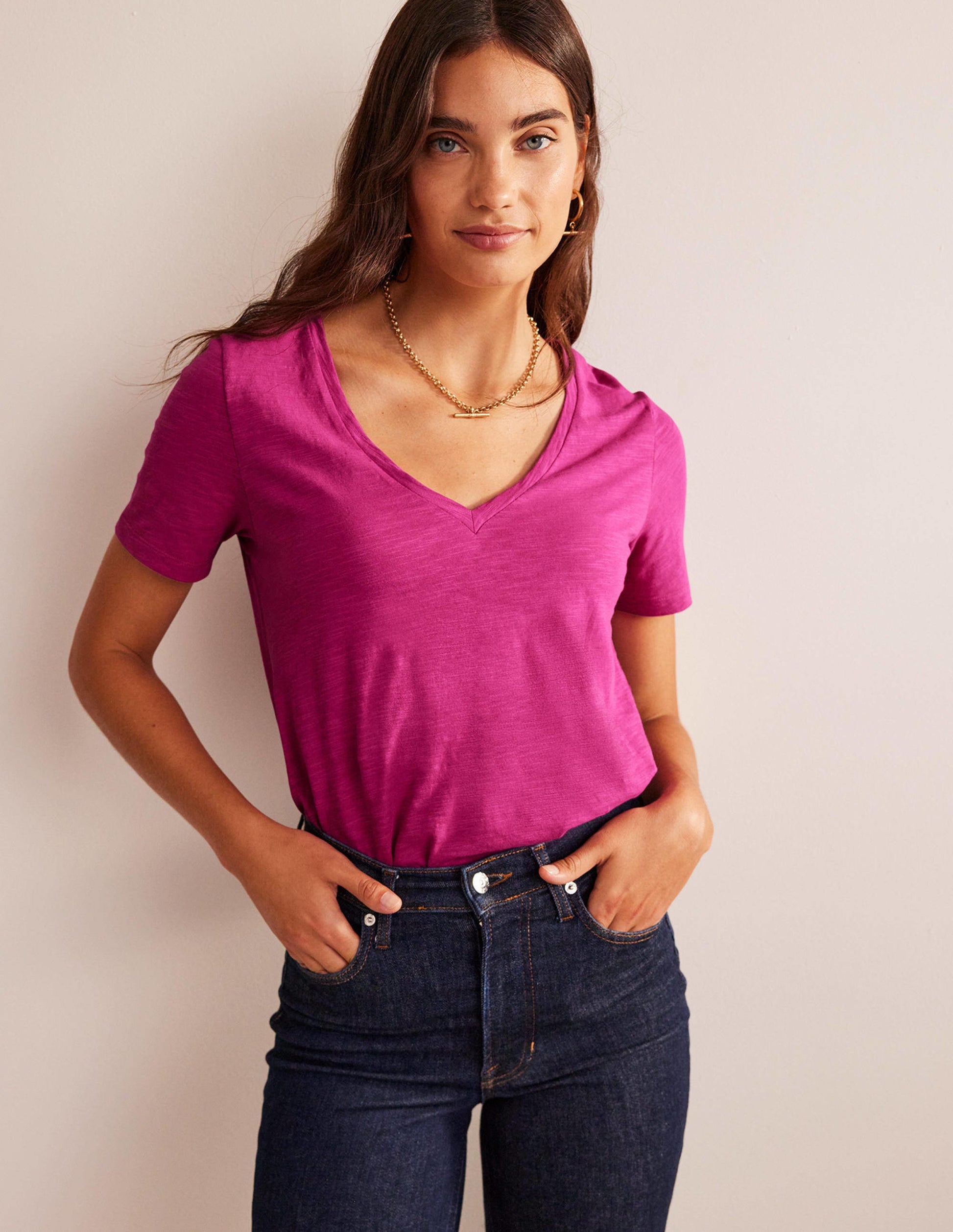 Regular V-Neck Slub T-shirt-Festival Fuchsia-4