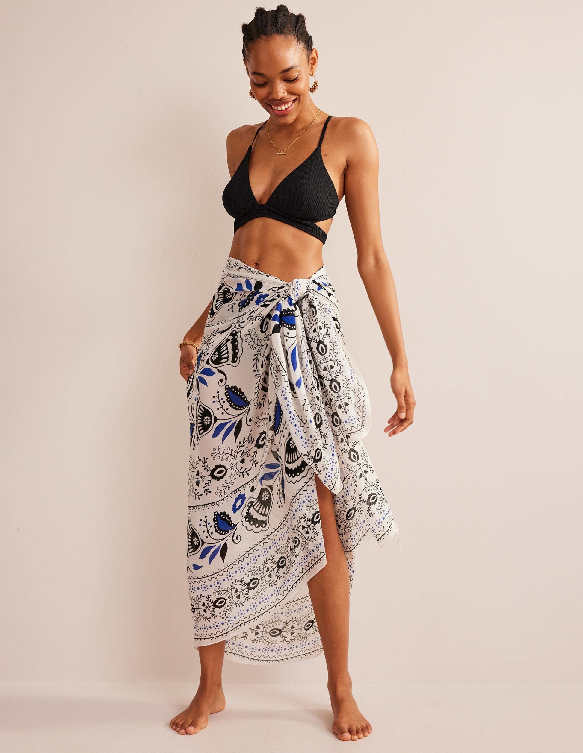 Printed Sarong Scarf-Ivory, Milos Bloom-1
