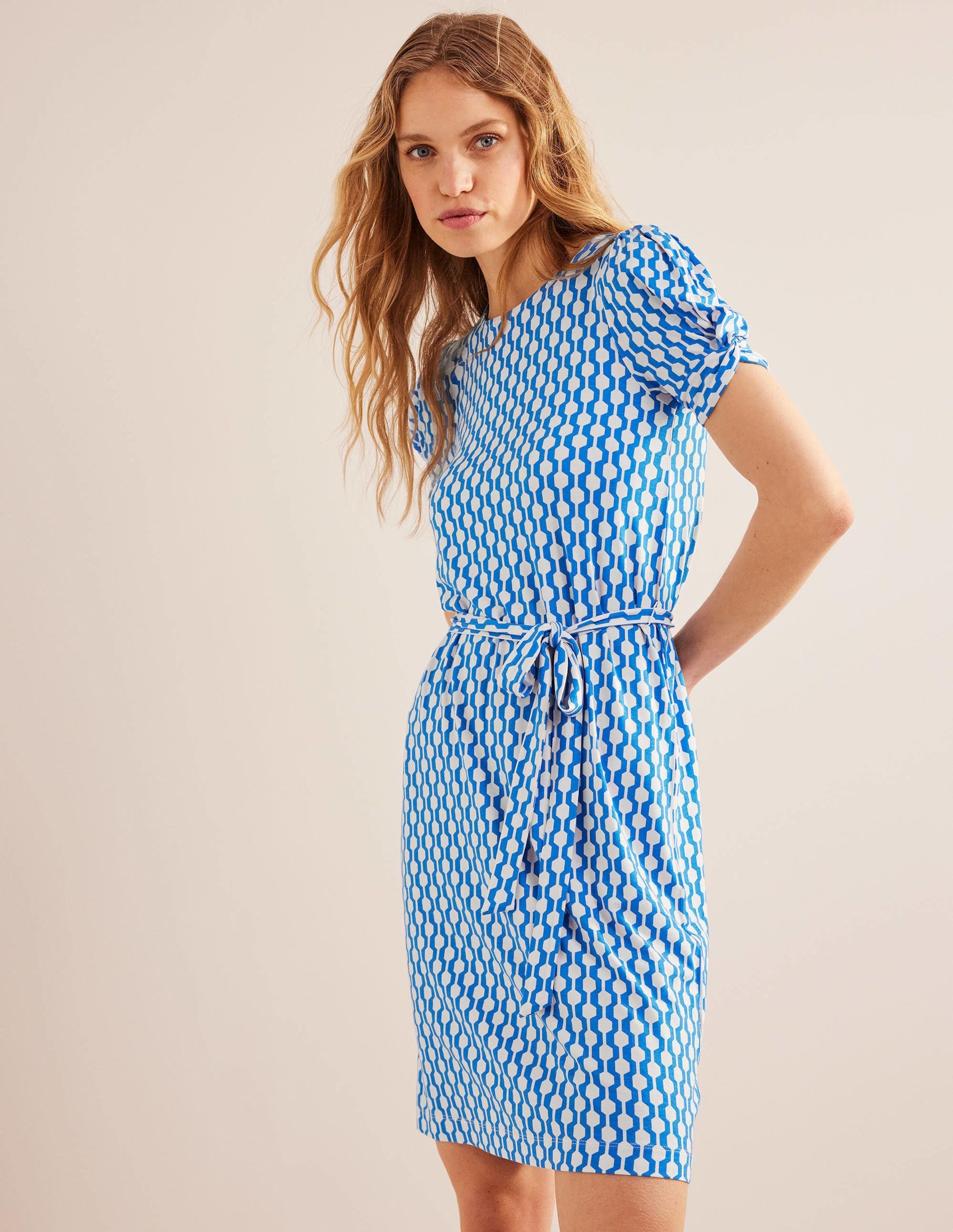 Knot Detail Jersey Mini Dress-Moroccan blue, Geo Azure - Image 1