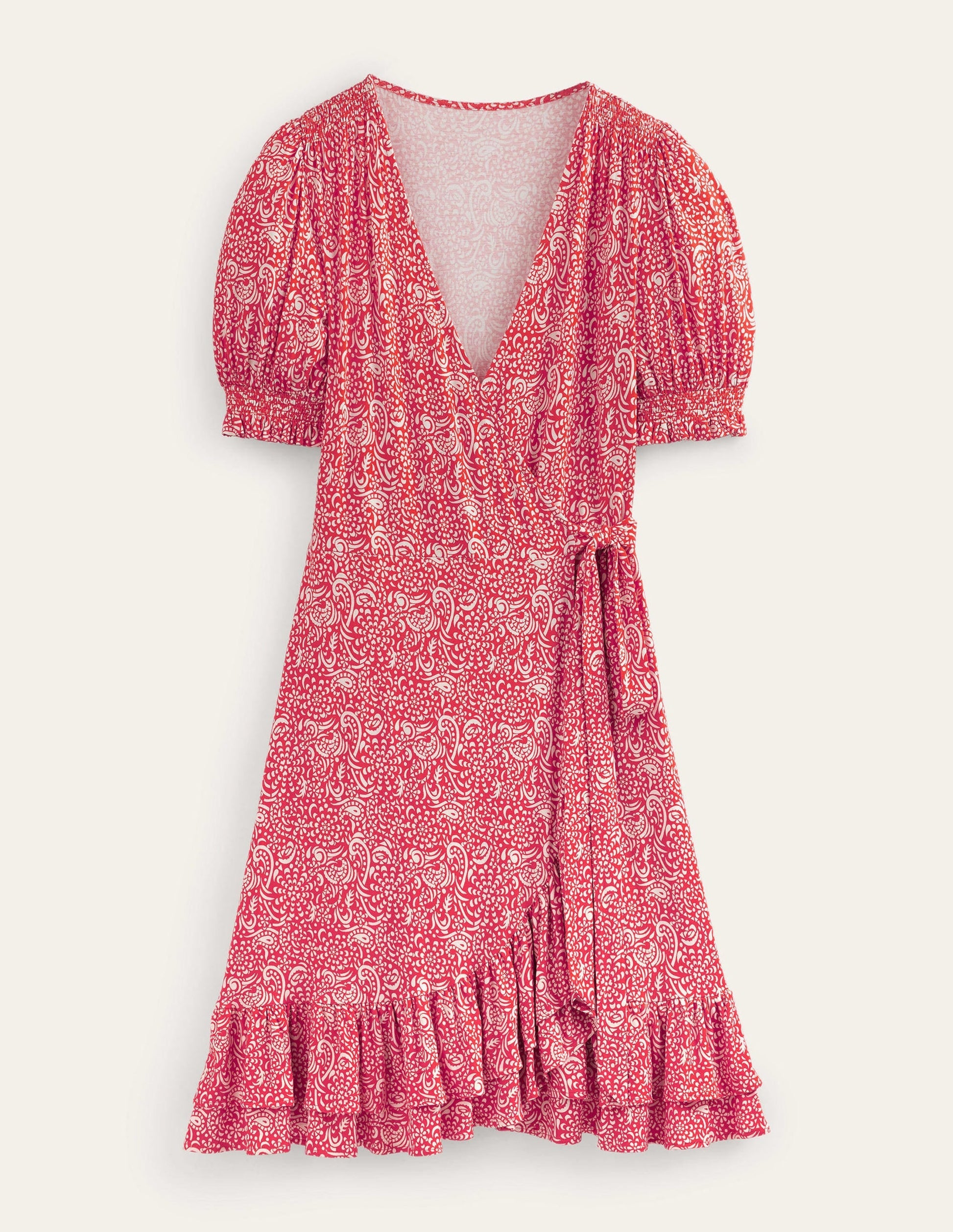 Ruffle Wrap Jersey Mini Dress-Vermillion, Azure Pop-5