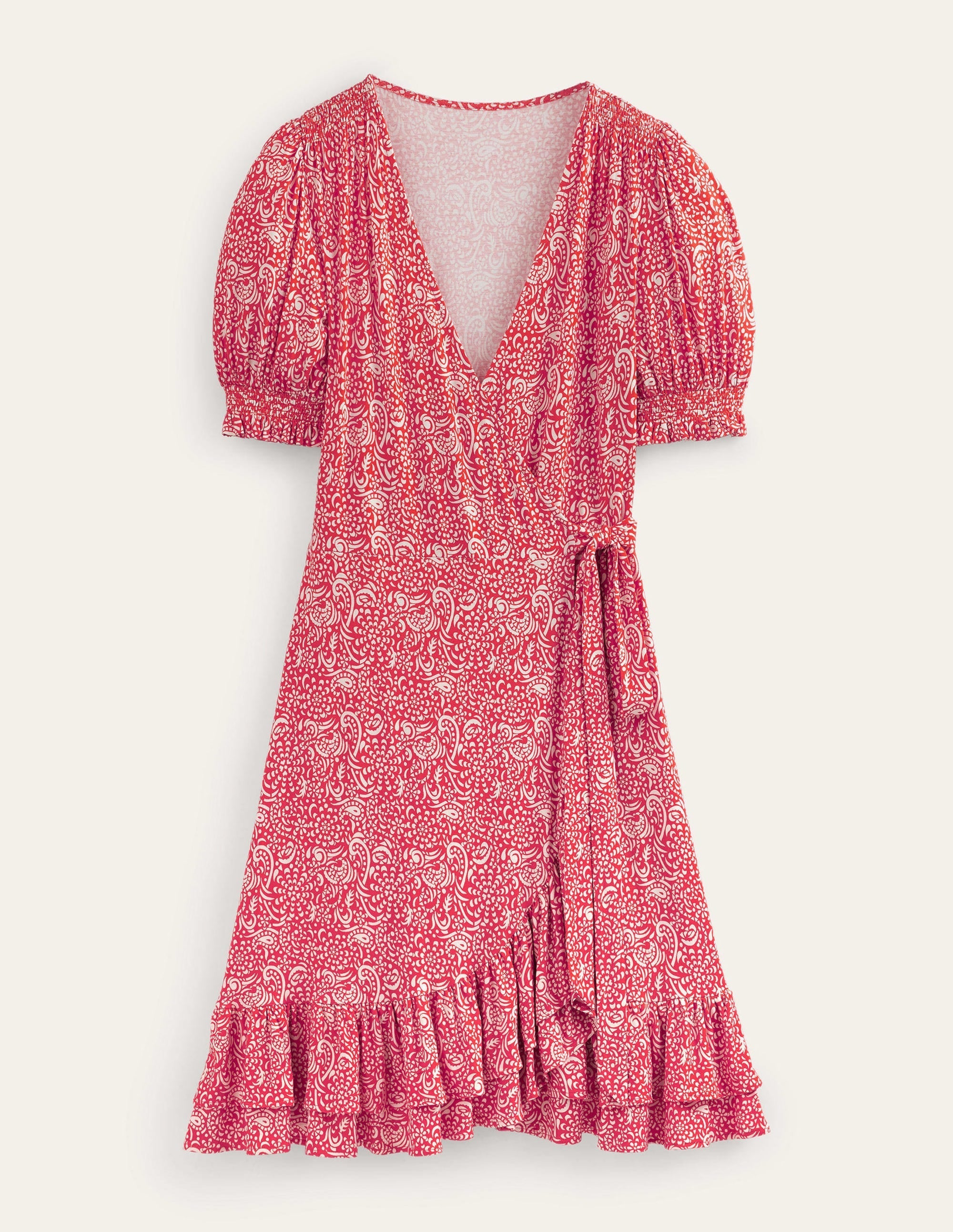 Ruffle Wrap Jersey Mini Dress-Vermillion, Azure Pop - Image 5
