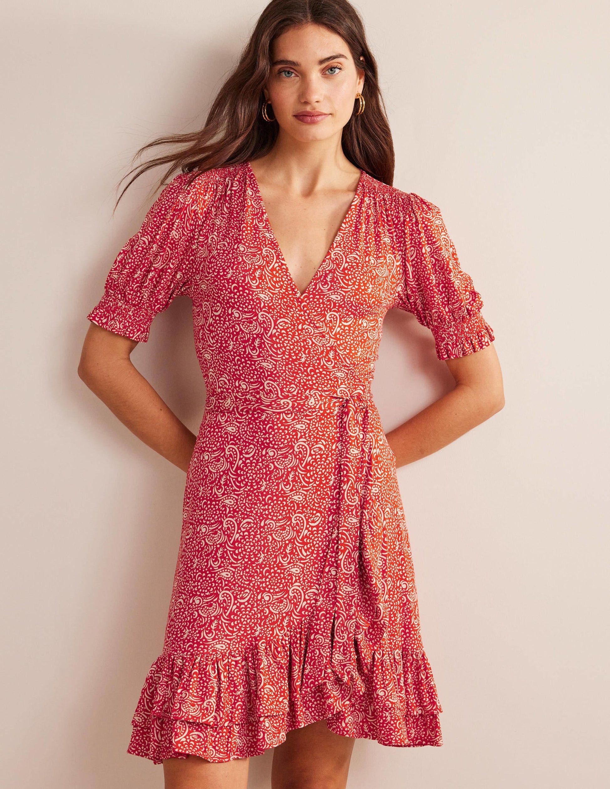 Ruffle Wrap Jersey Mini Dress-Vermillion, Azure Pop-1