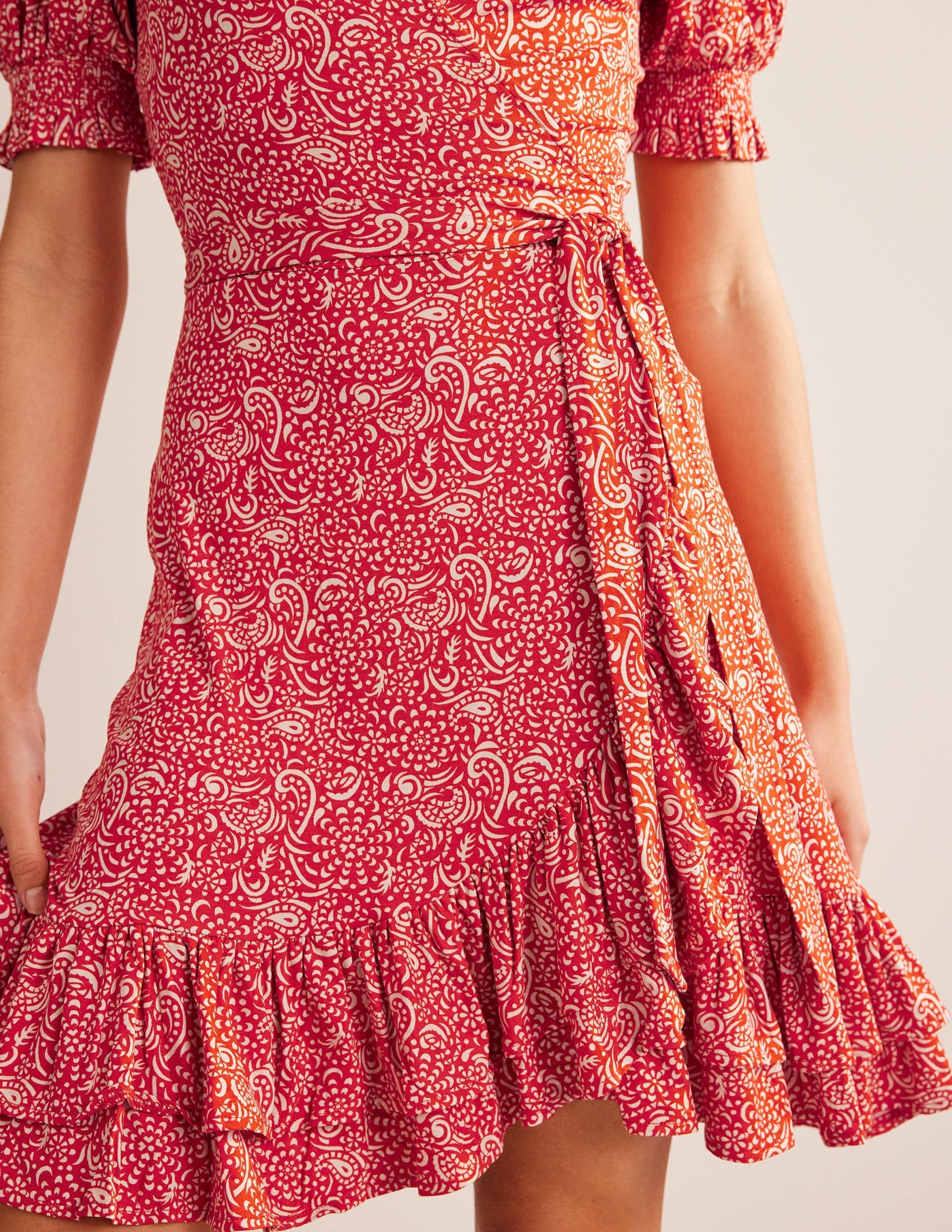 Ruffle Wrap Jersey Mini Dress-Vermillion, Azure Pop - Image 2