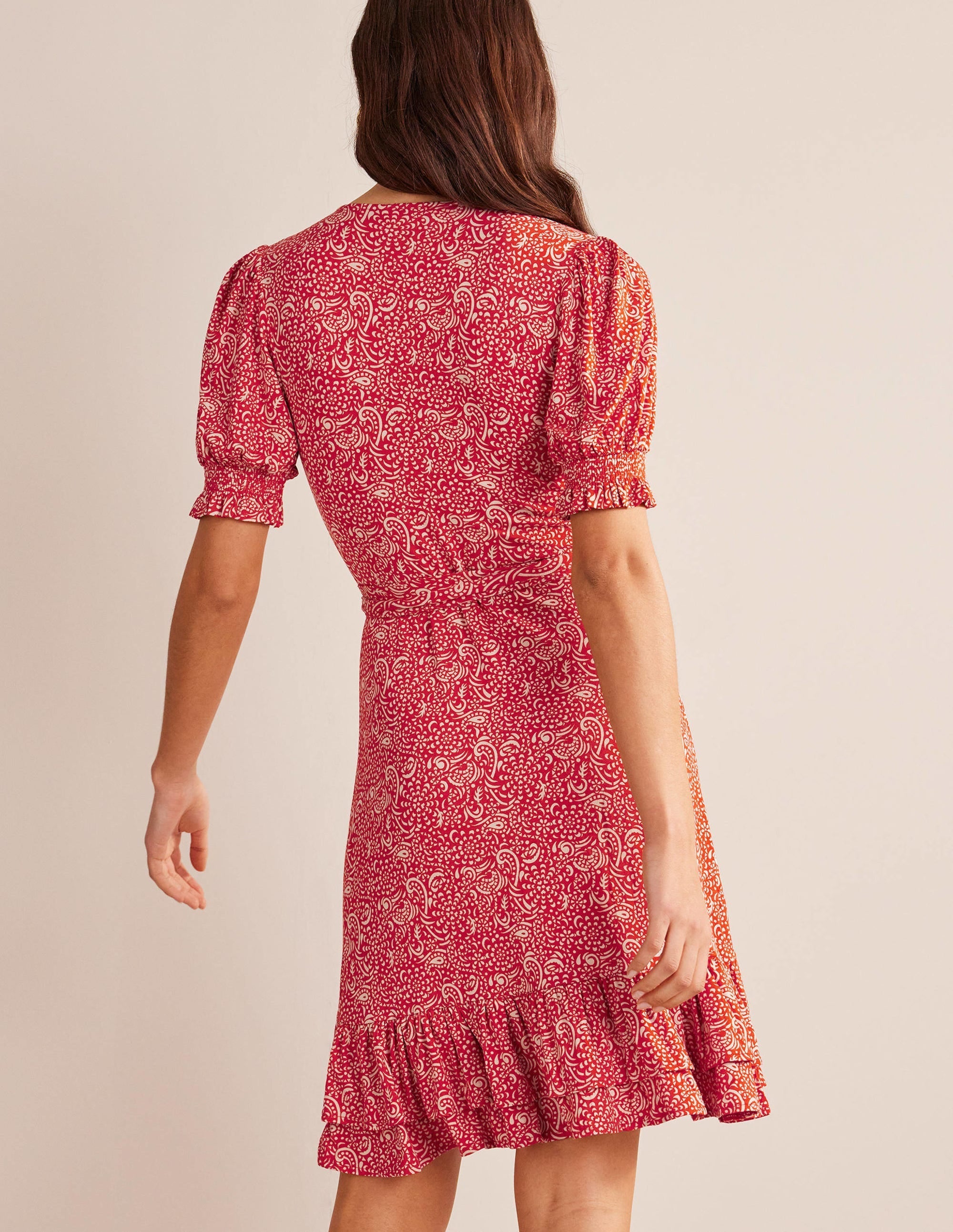 Ruffle Wrap Jersey Mini Dress-Vermillion, Azure Pop - Image 3