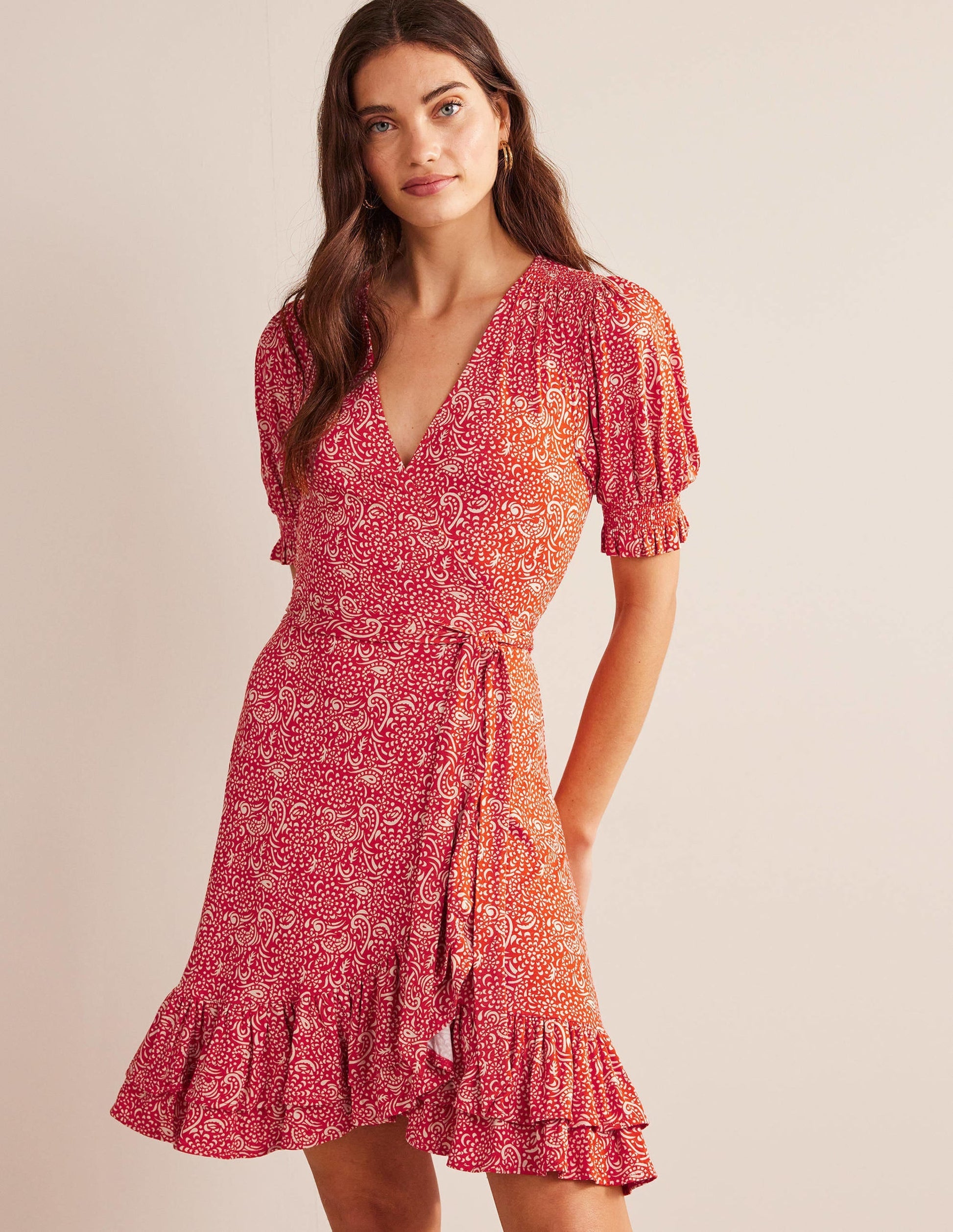 Ruffle Wrap Jersey Mini Dress-Vermillion, Azure Pop-4