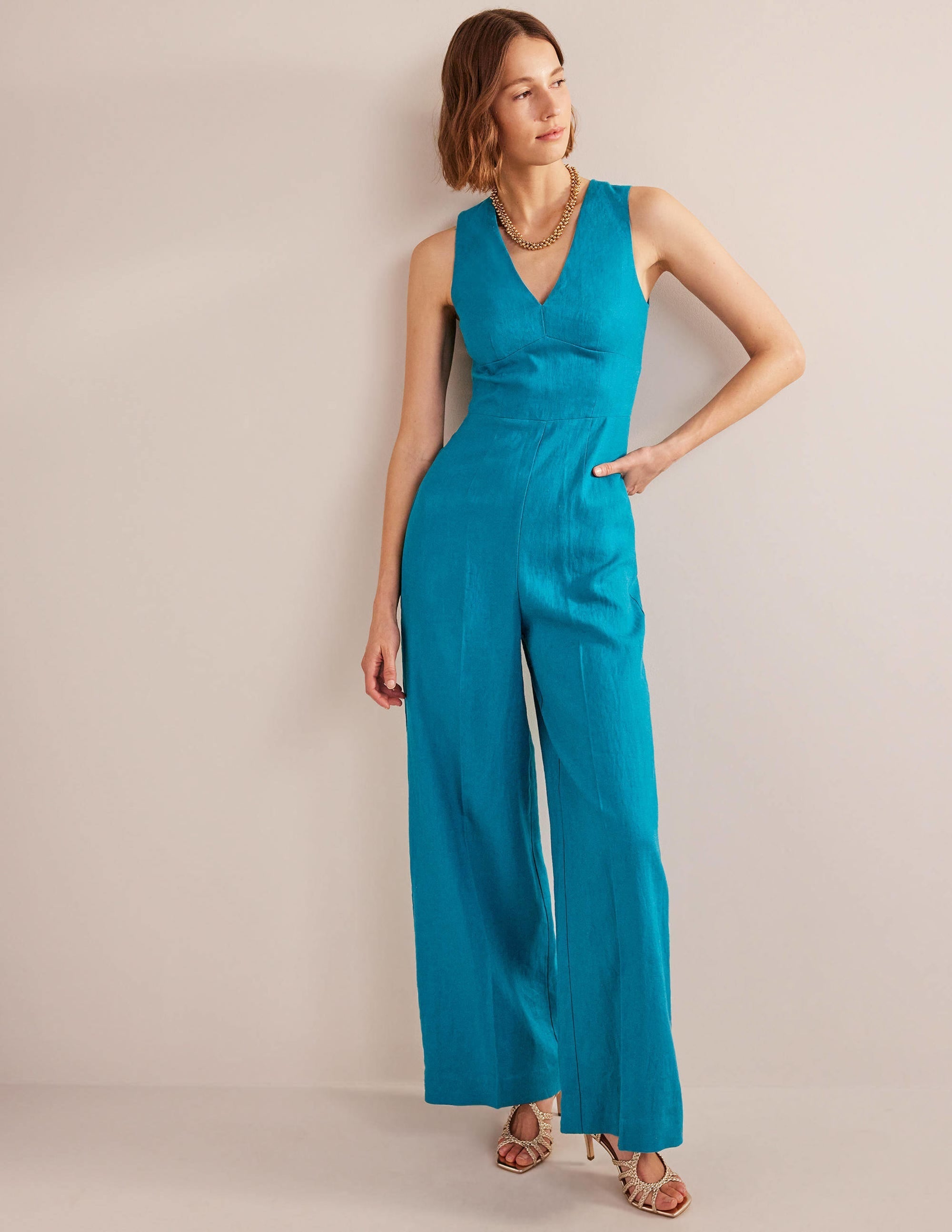 V-Neck Occasion Jumpsuit-Crystal Teal - Image 1