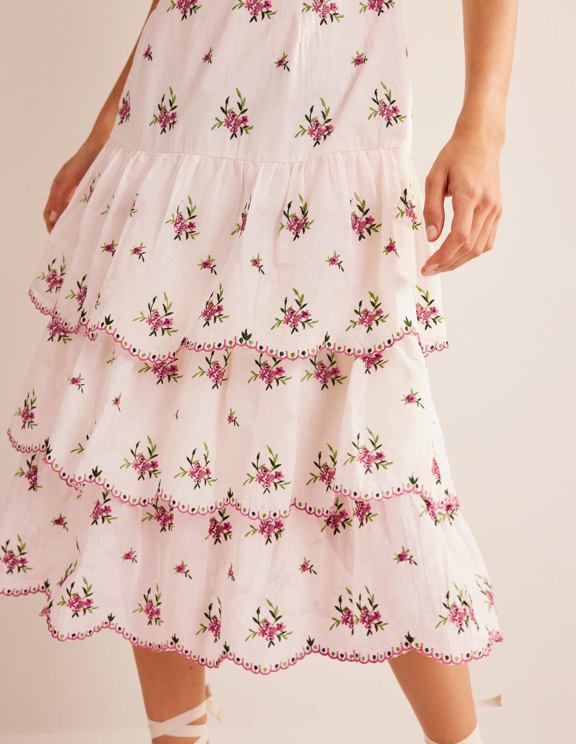 Embroidered Tiered Midi Dress-Ivory - Image 4