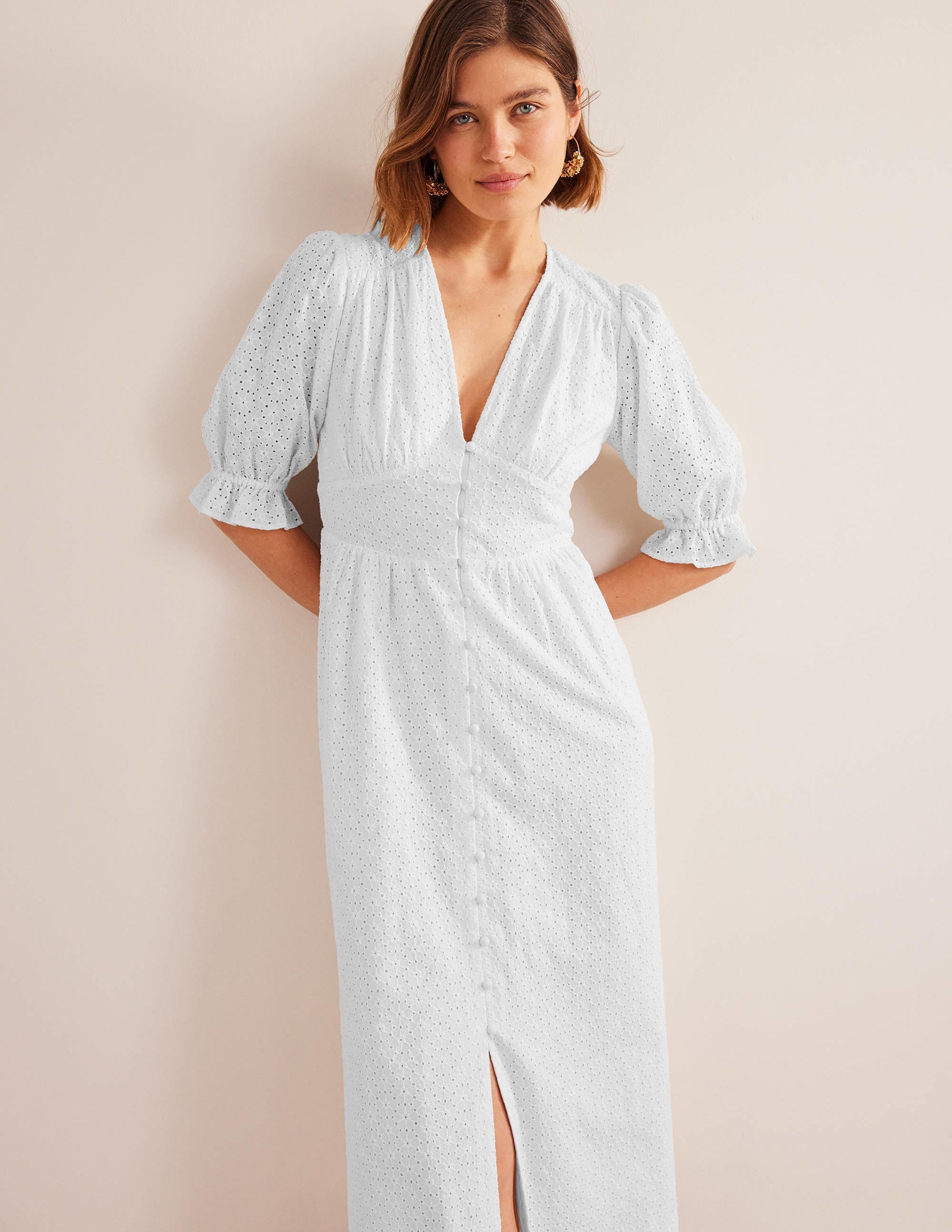 Broderie Midi Tea Dress-White - Image 1