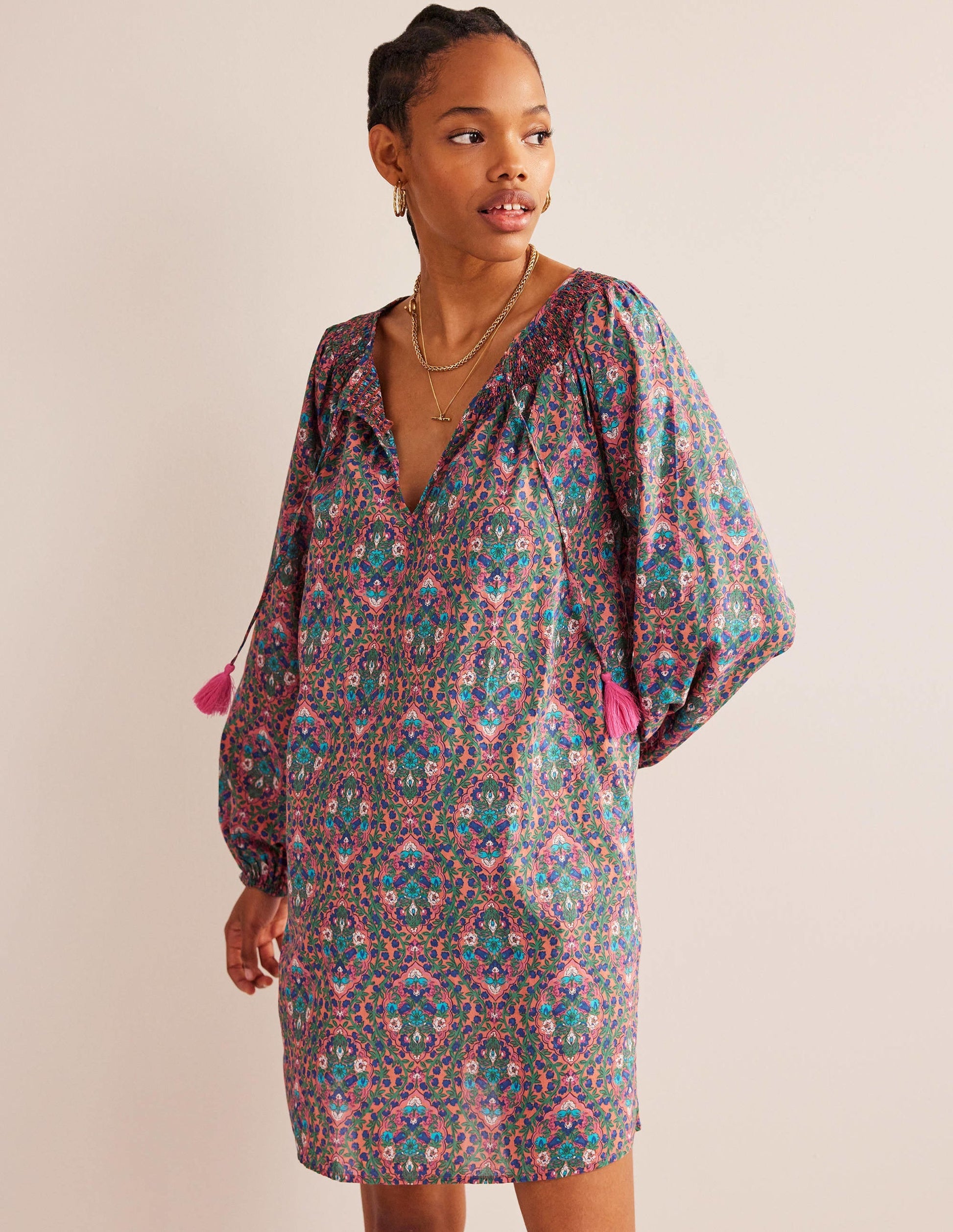 Smocked Neck Beach Kaftan-Multi, Vine Terrace-1