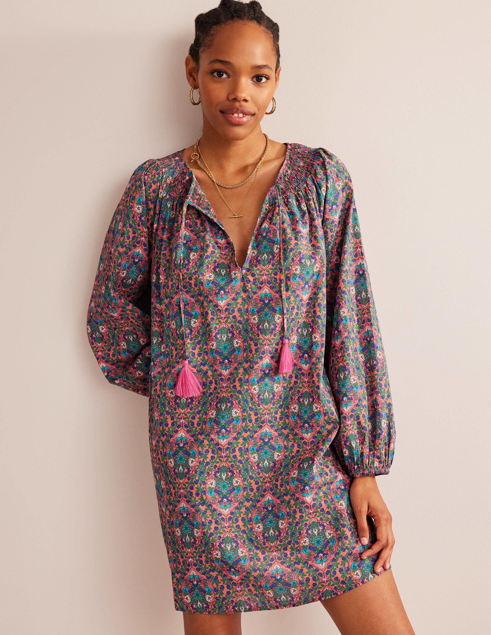 Smocked Neck Beach Kaftan-Multi, Vine Terrace-4