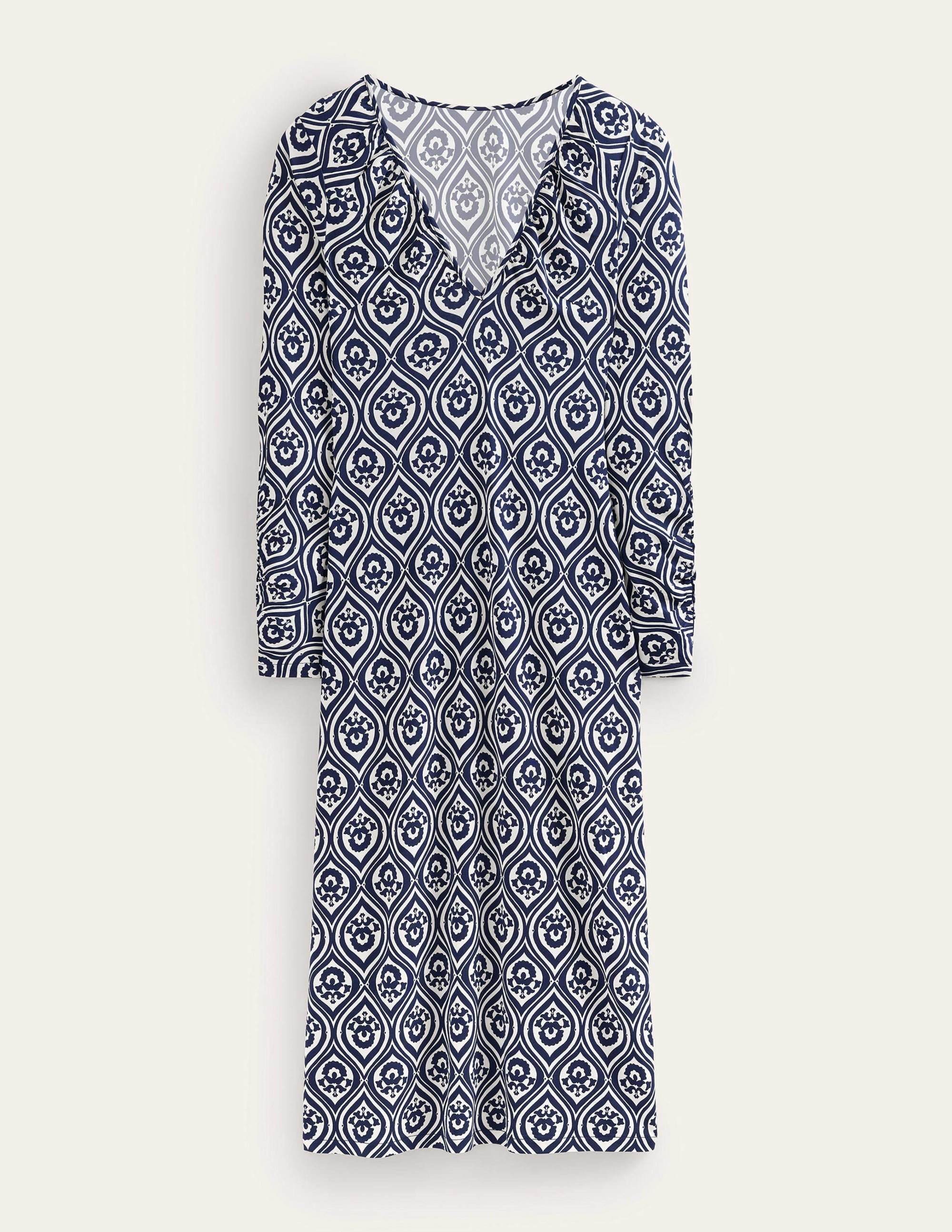 V-neck Jersey Midi Dress-French Navy, Geo Cascade - Image 5