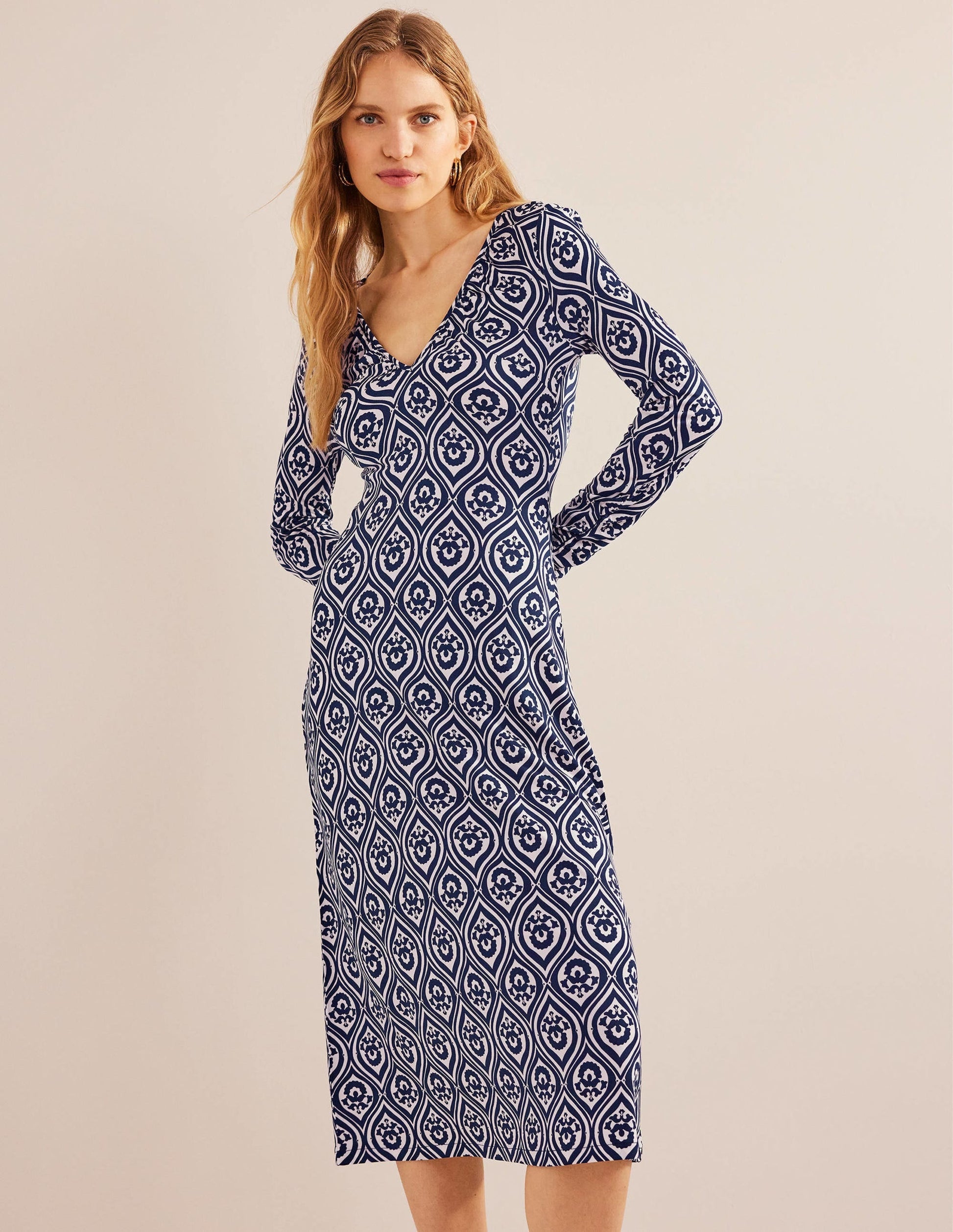 V-neck Jersey Midi Dress-French Navy, Geo Cascade-1