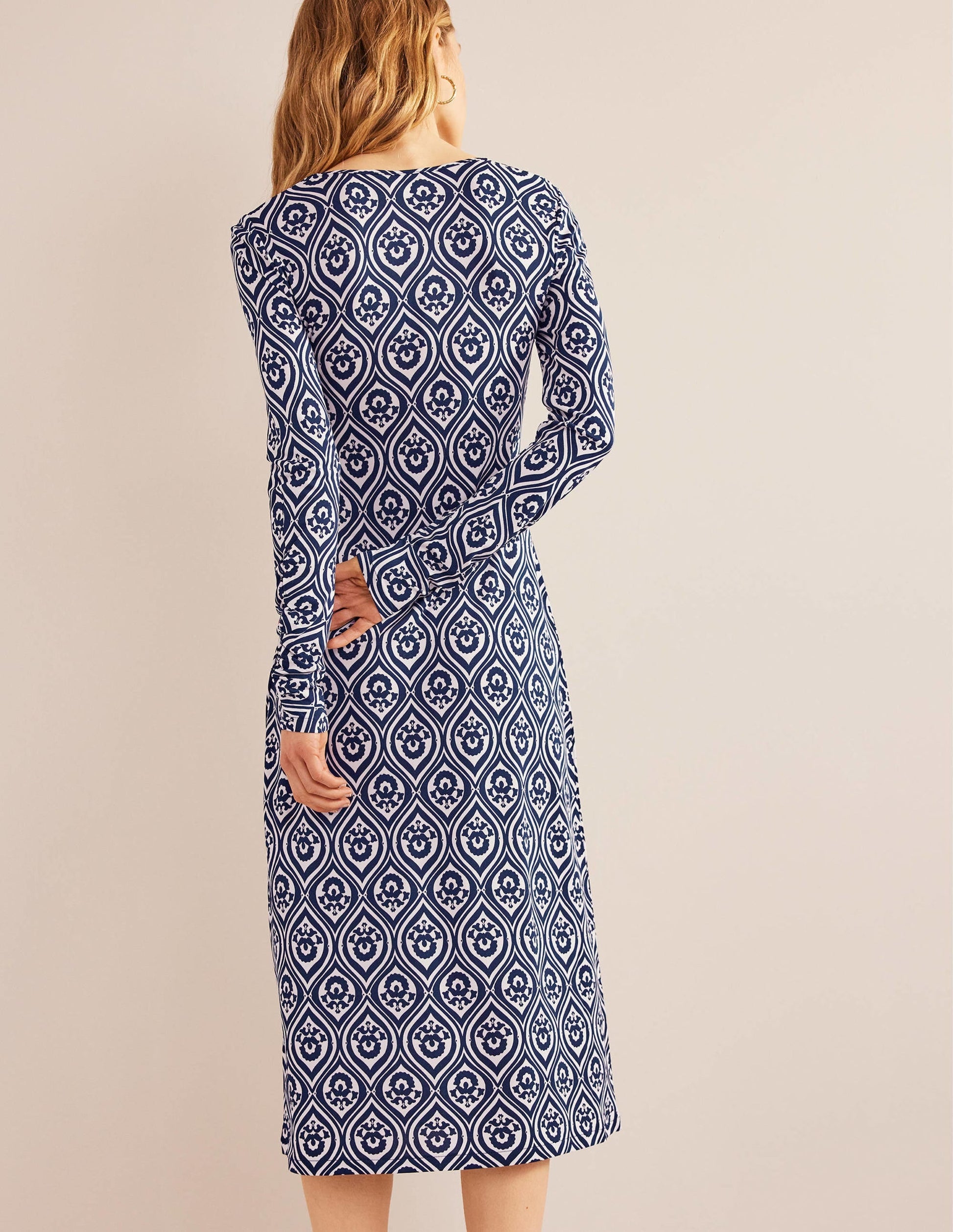 V-neck Jersey Midi Dress-French Navy, Geo Cascade-3