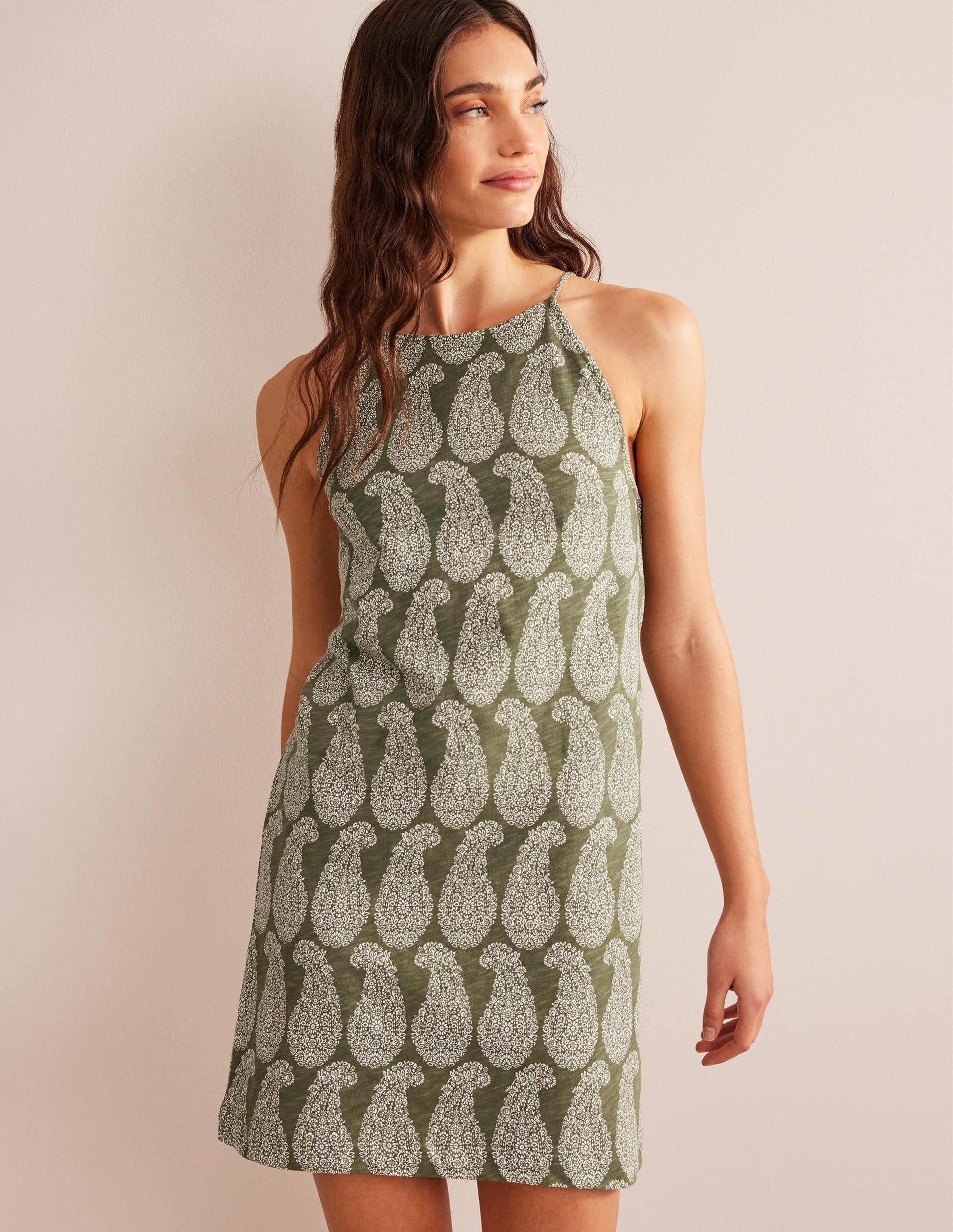 Racer Neck Jersey Mini Dress-Spruce, Sweet Paisley-1