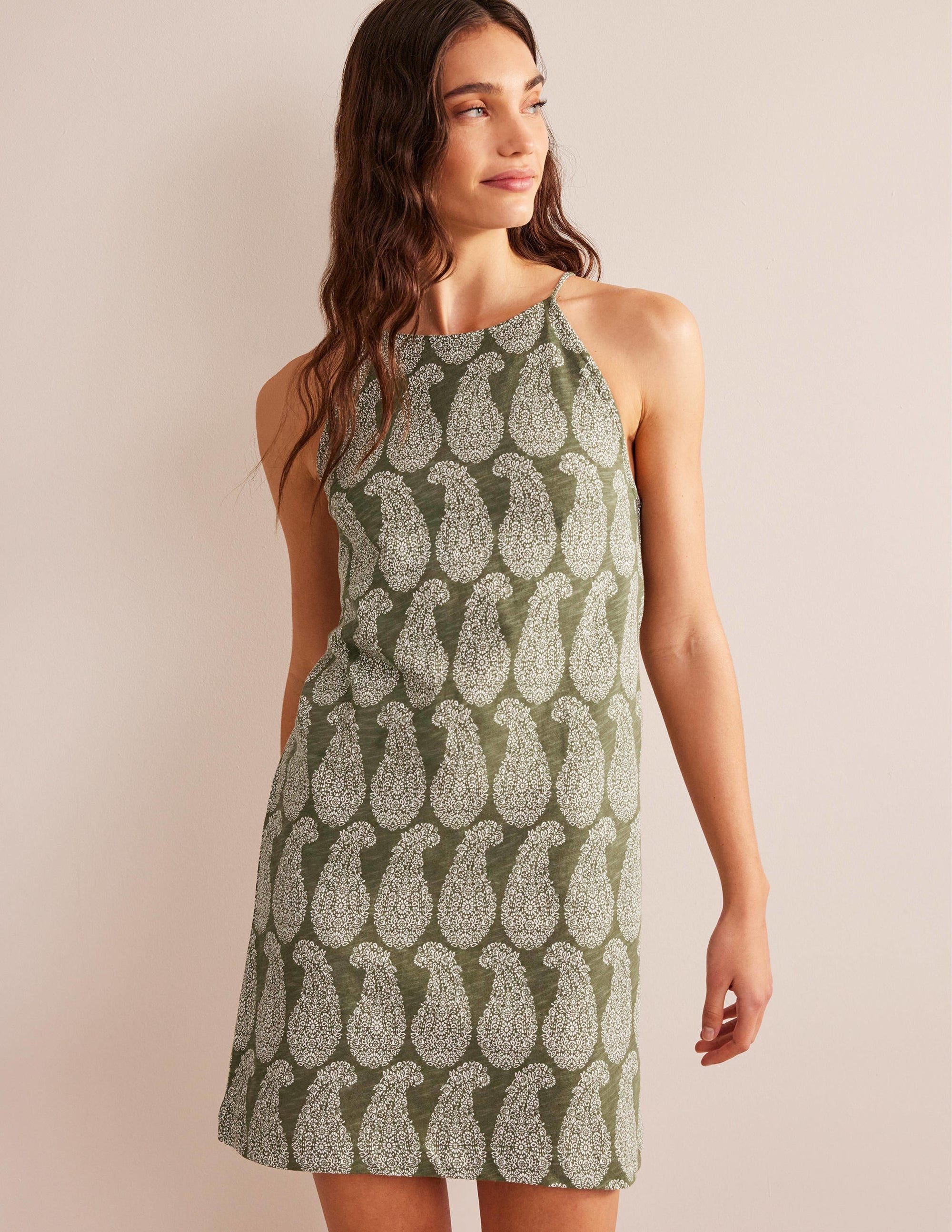 Racer Neck Jersey Mini Dress-Spruce, Sweet Paisley - Image 1
