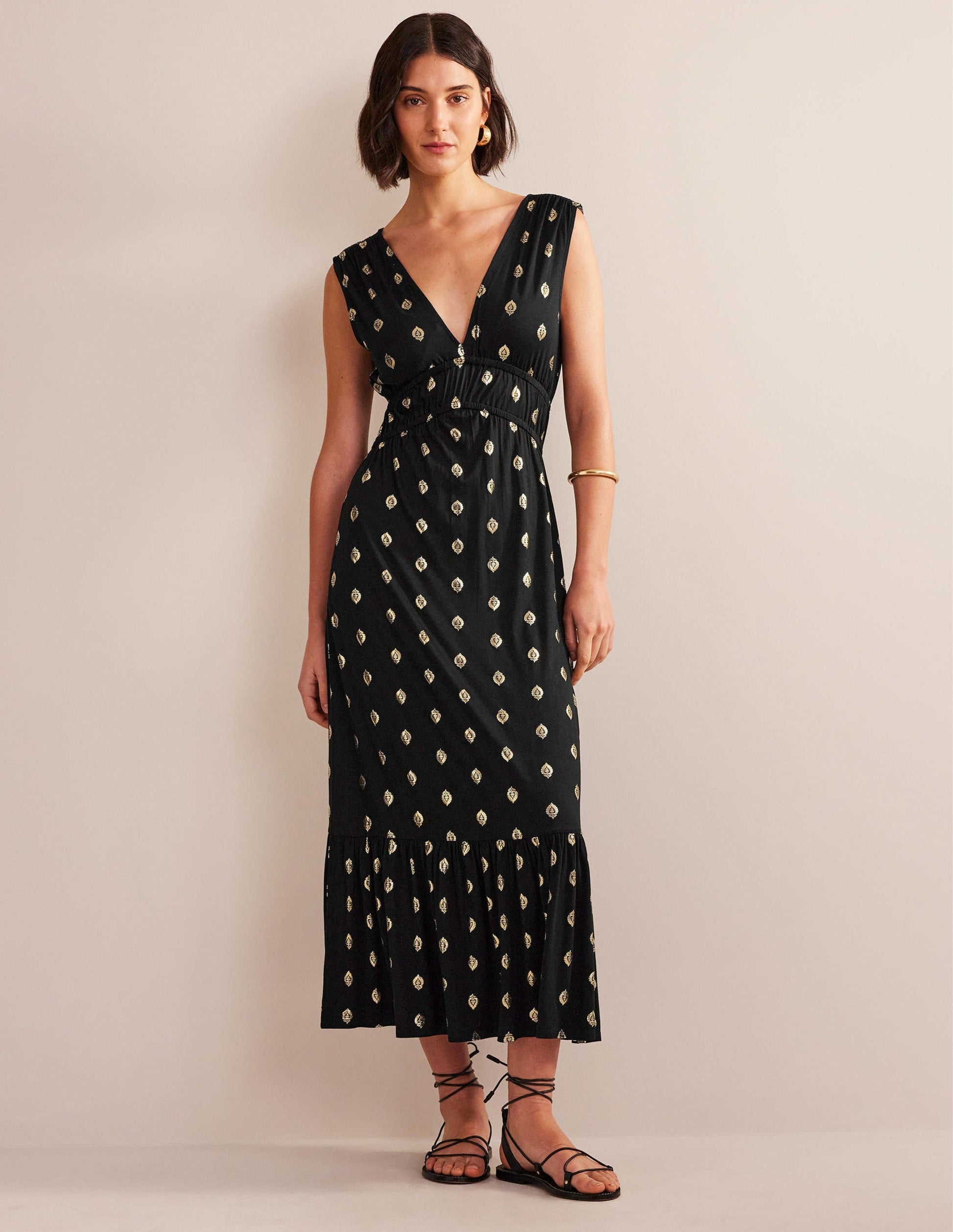Smocked Jersey Maxi Dress-Black, Tranquil Leaf-1