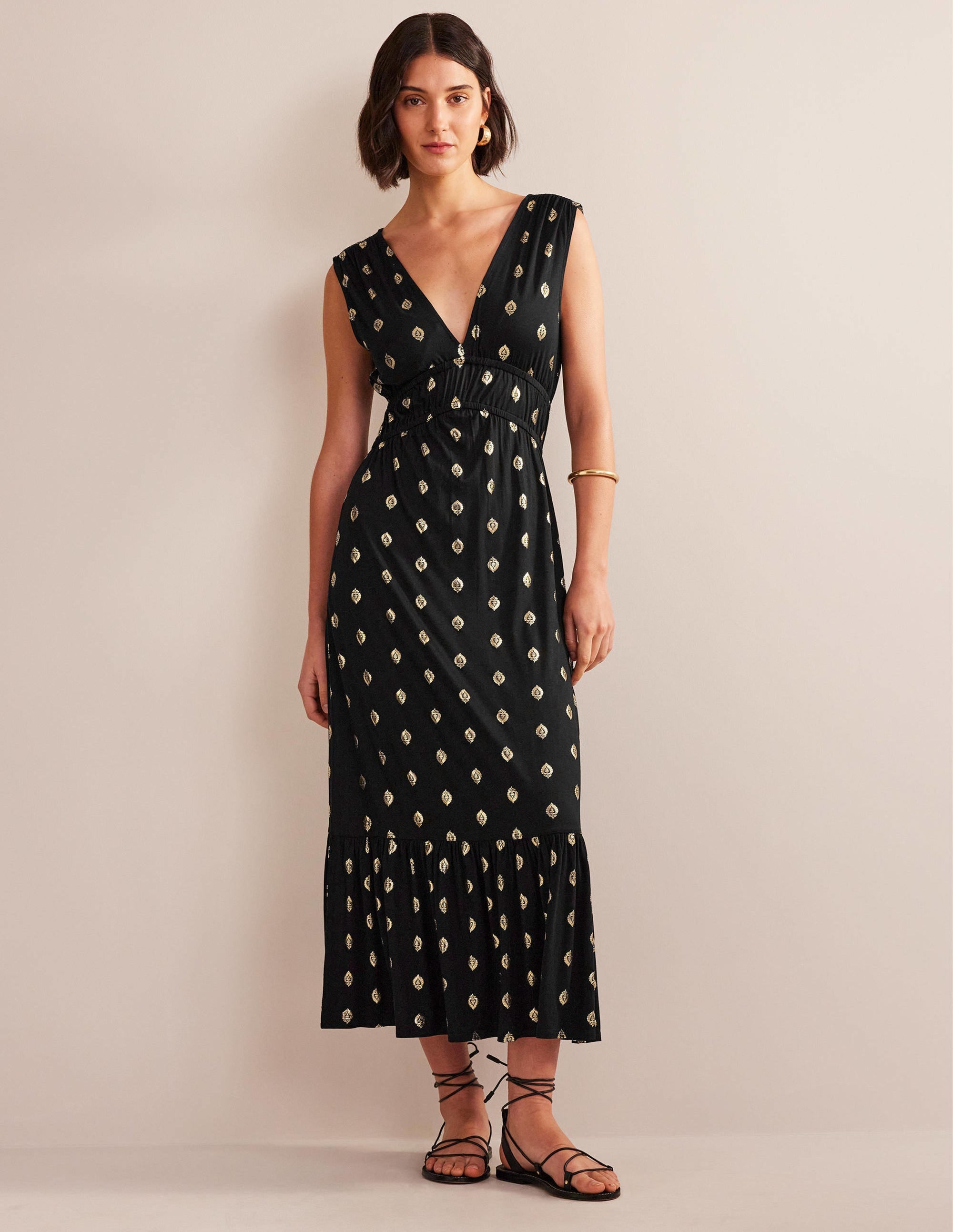 Smocked Jersey Maxi Dress-Black, Tranquil Leaf - Image 1