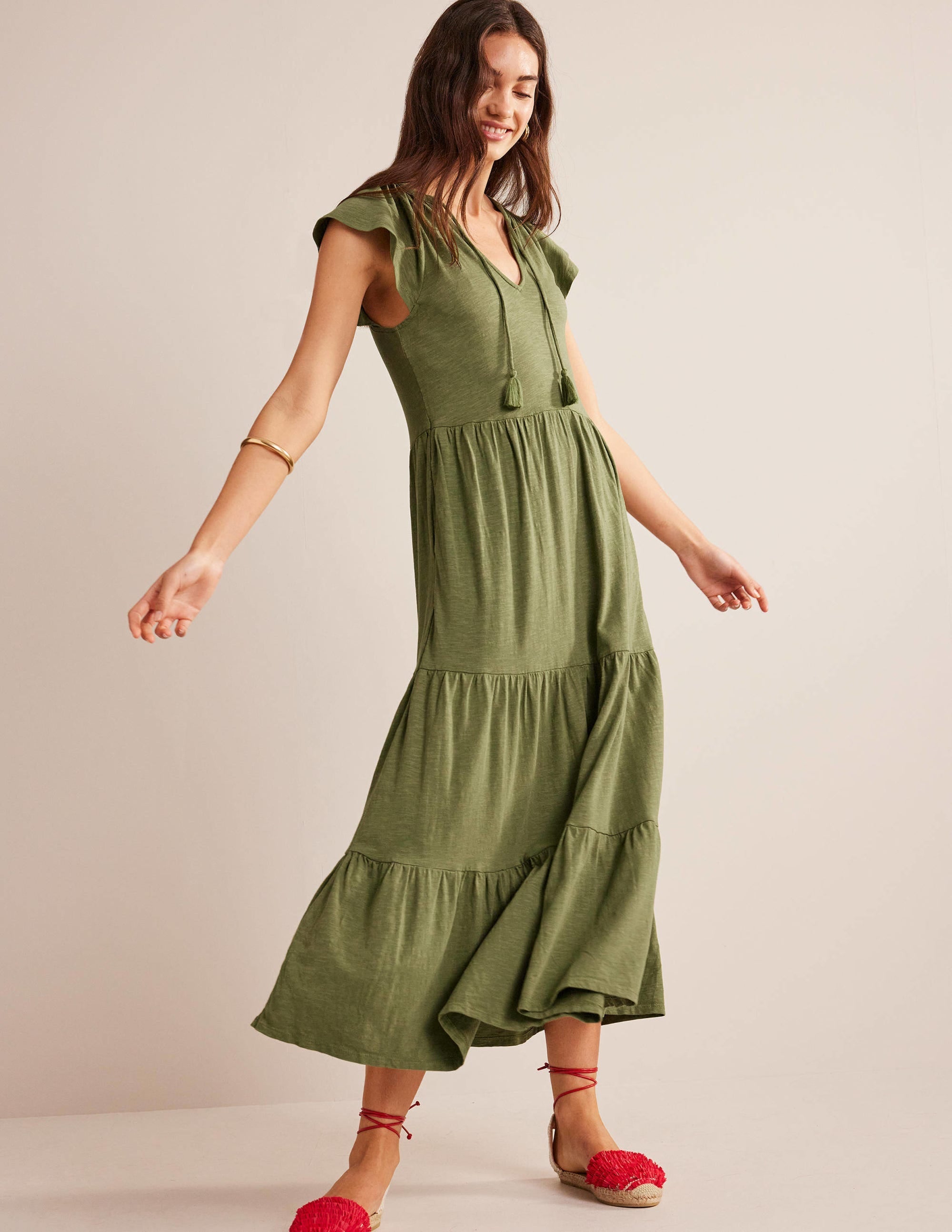 Tiered Jersey Midi Dress-Washed Khaki - Image 1