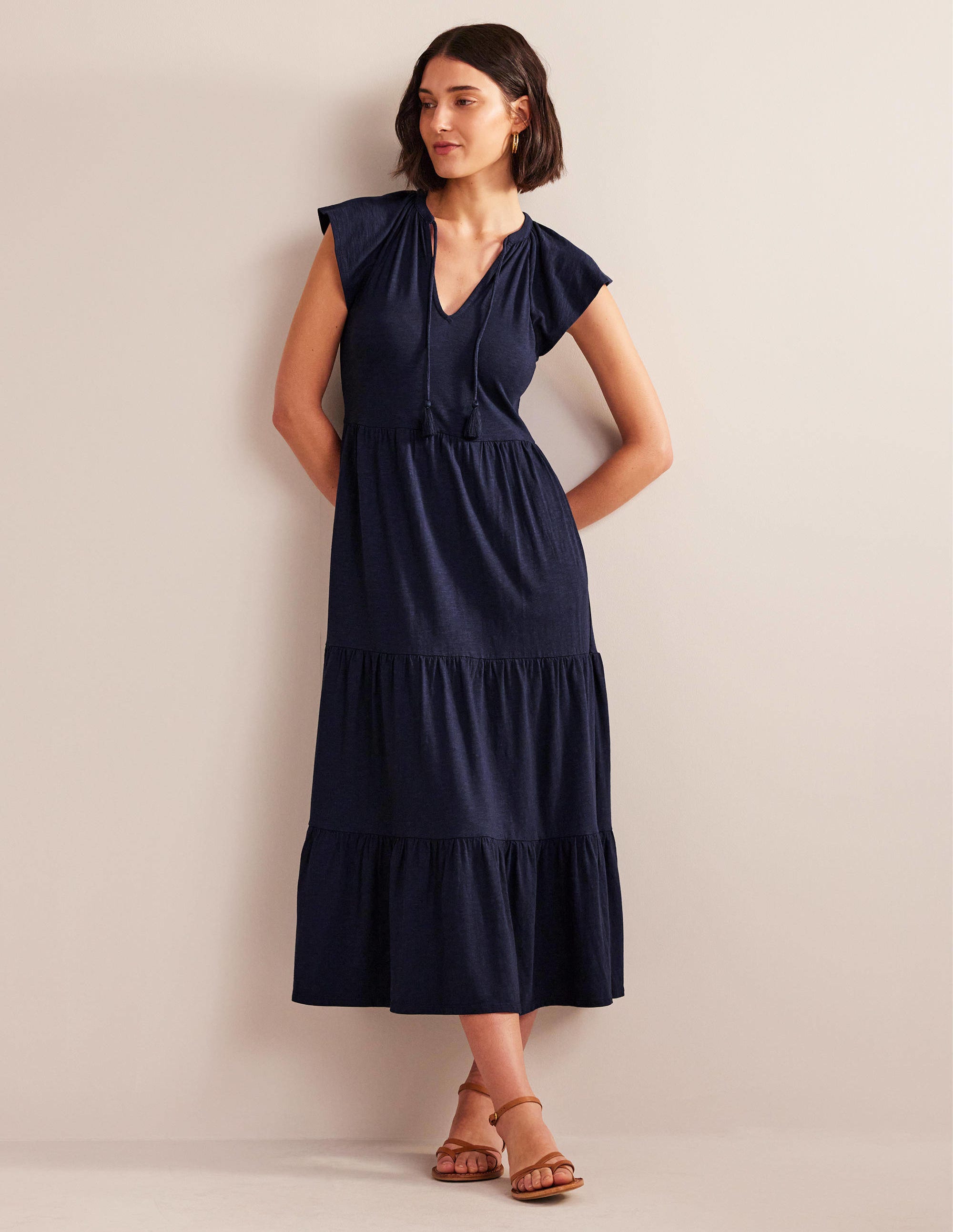 Tiered Jersey Midi Dress-Navy - Image 1