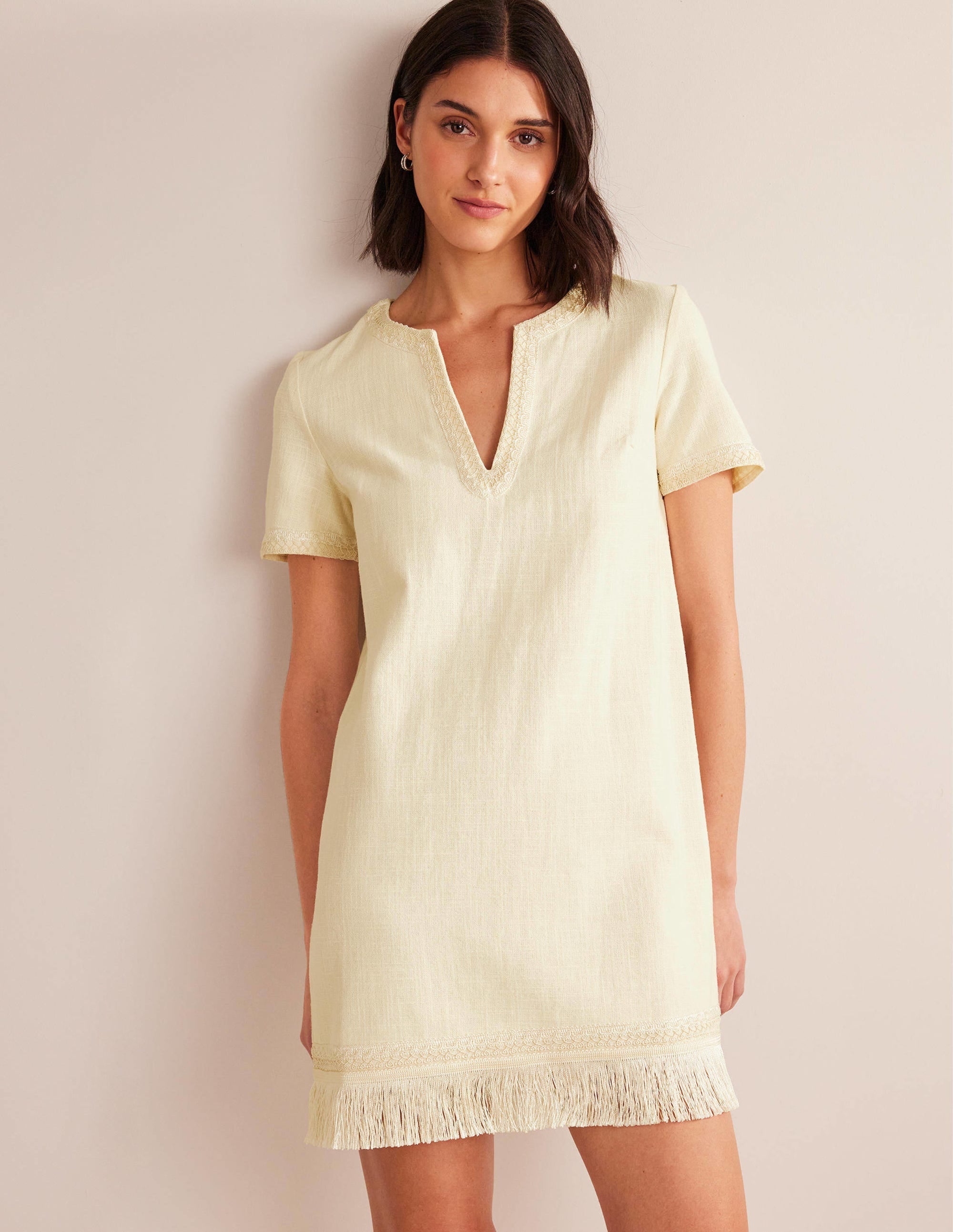 Fringe Hem Mini Shift Dress-Ivory - Image 1