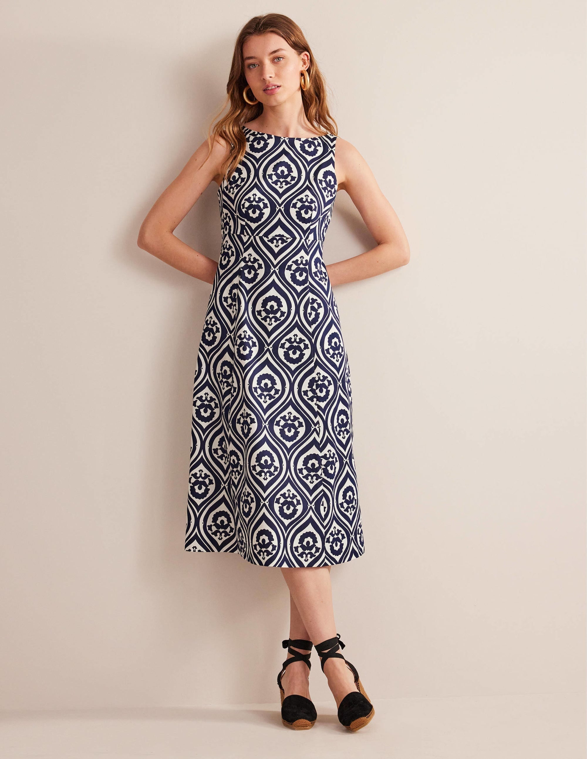 Slash Neck Midi Dress-Navy, Geo Cascade - Image 1