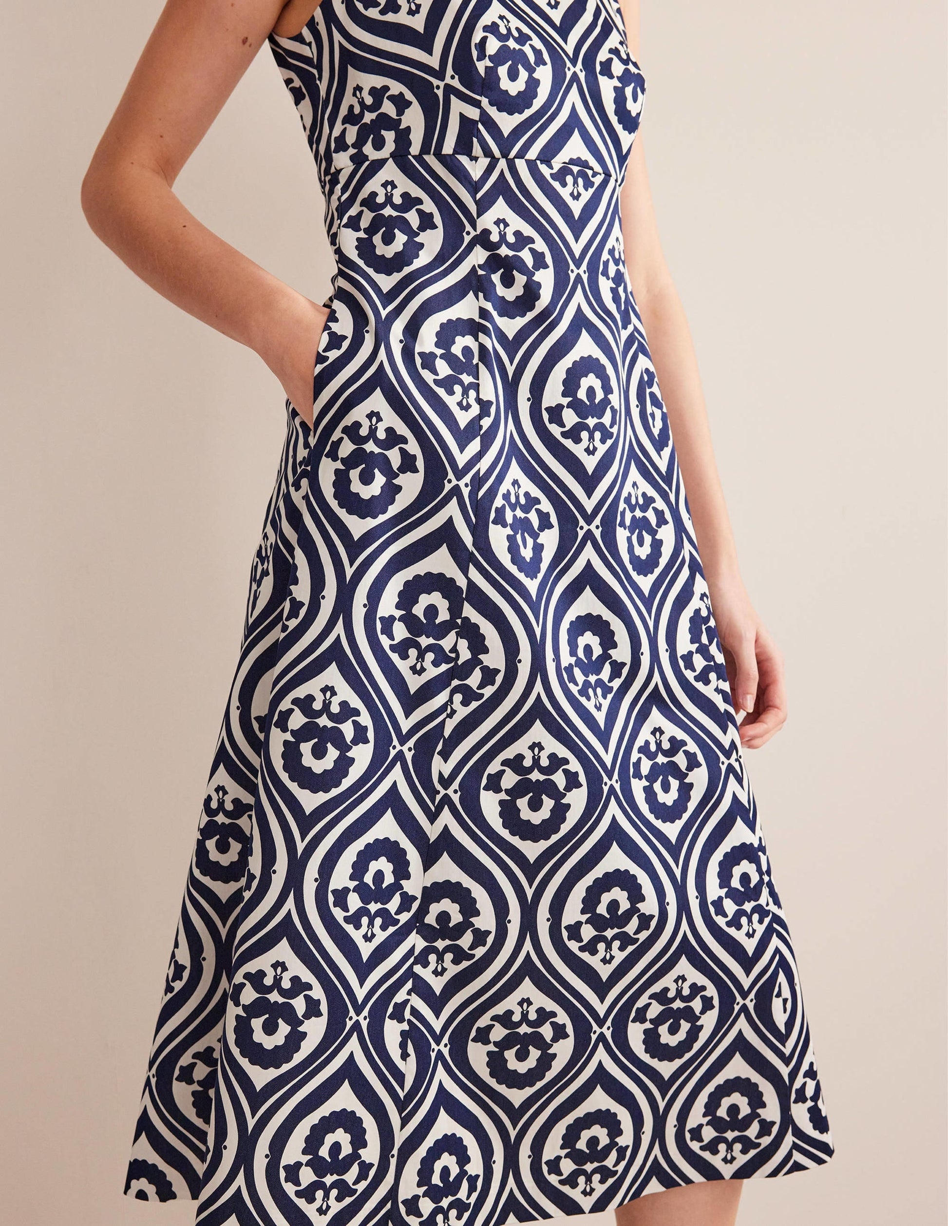 Slash Neck Midi Dress-Navy, Geo Cascade-2