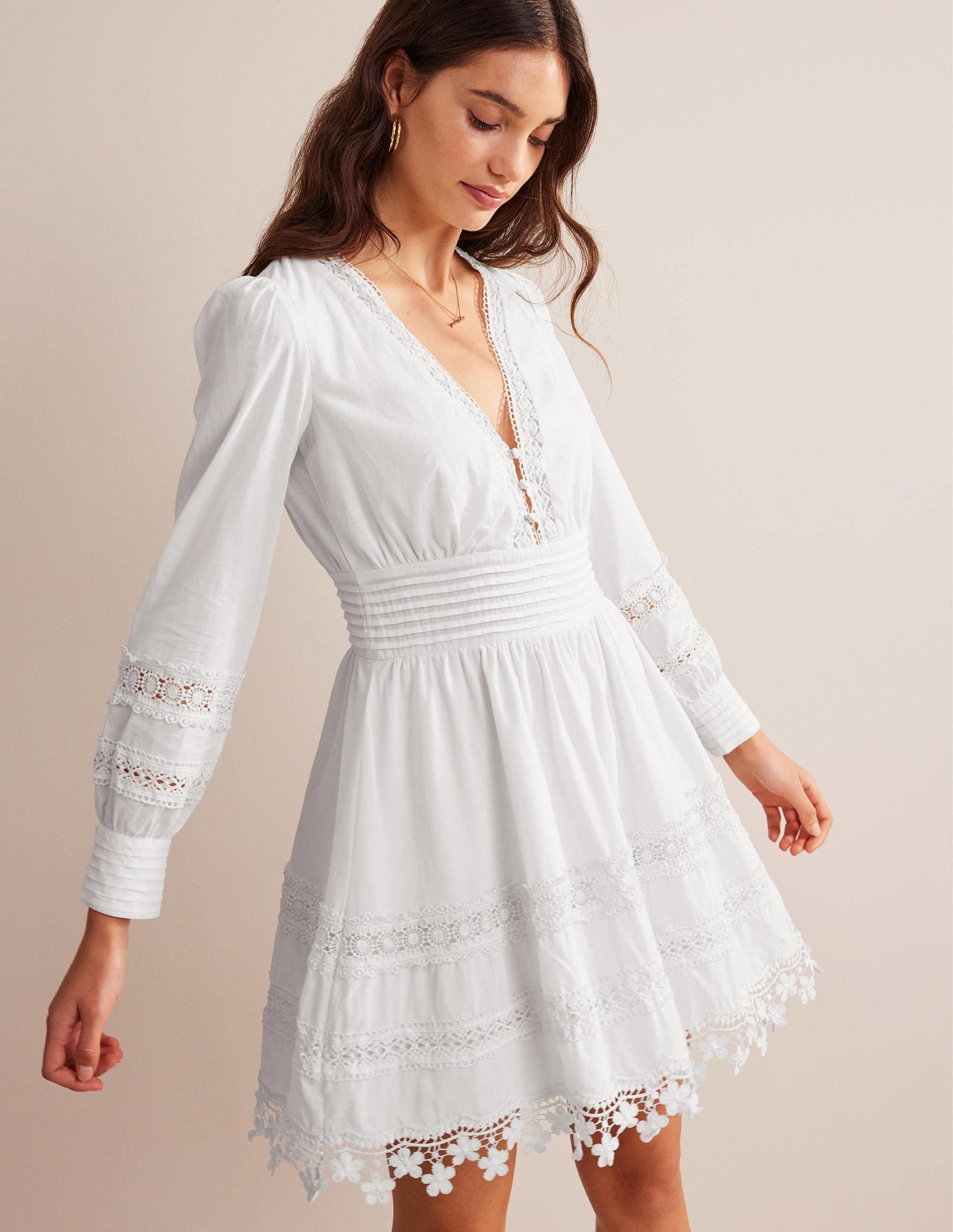 Lace Trim Mini Dress-White-1