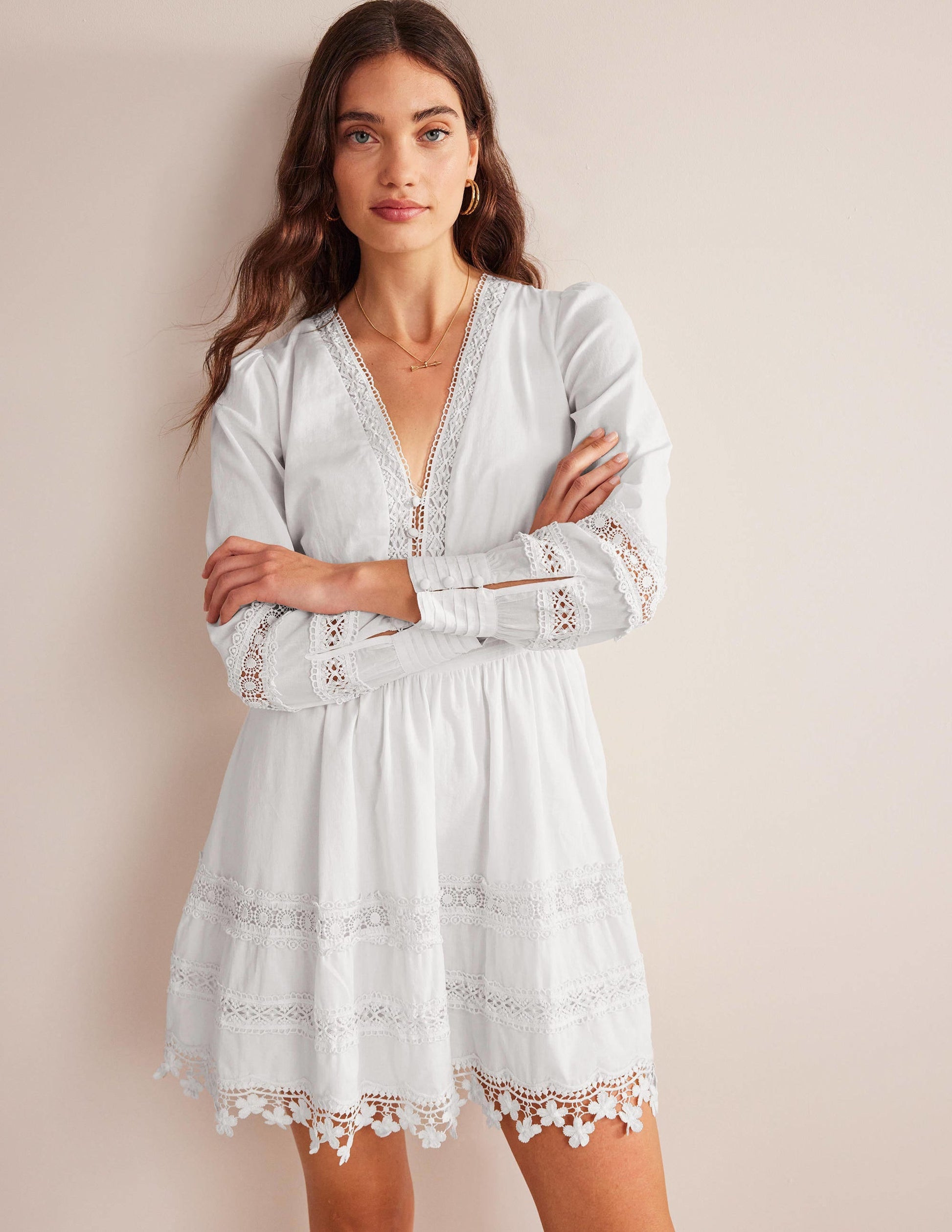 Lace Trim Mini Dress-White-4