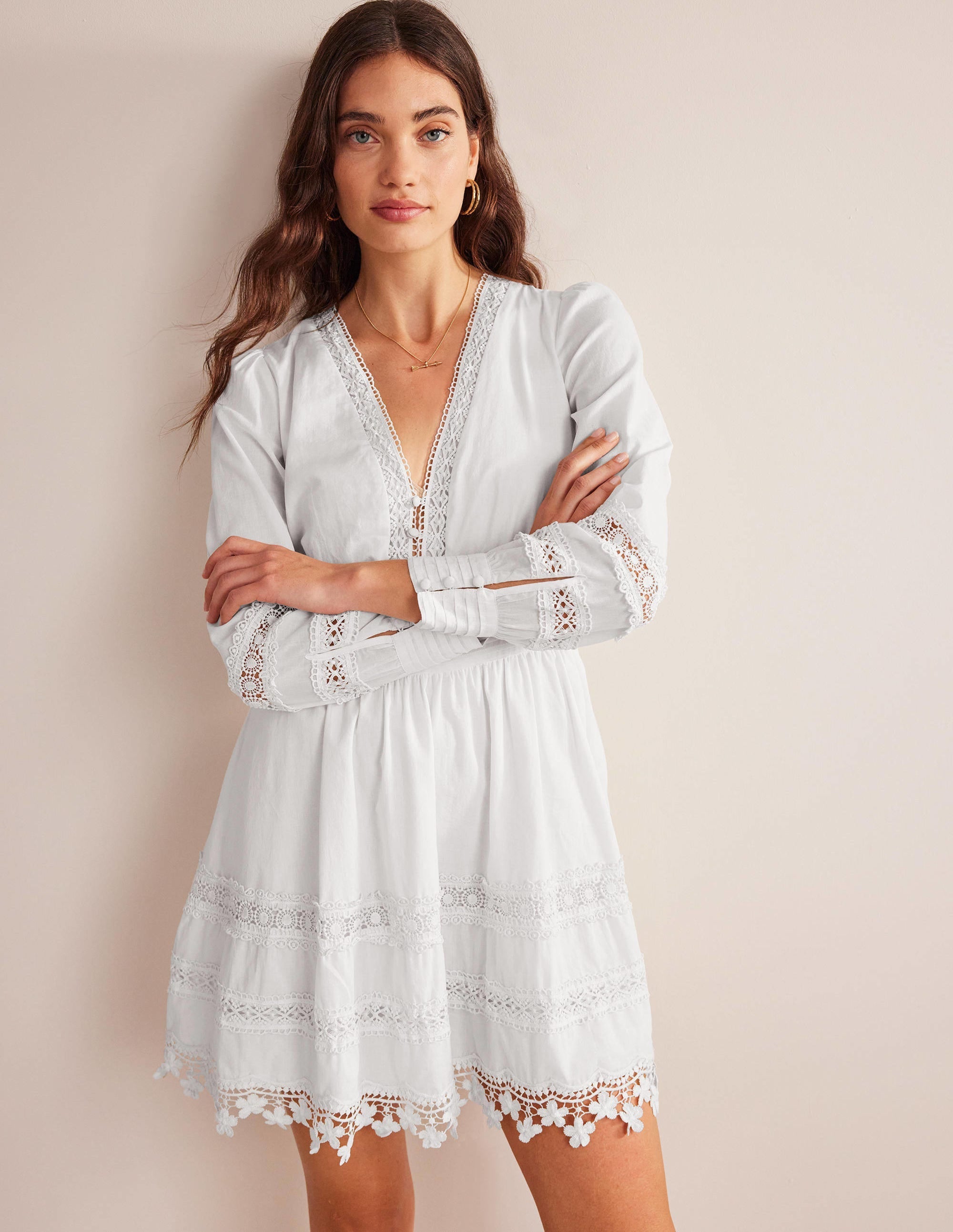 Lace Trim Mini Dress-White - Image 4