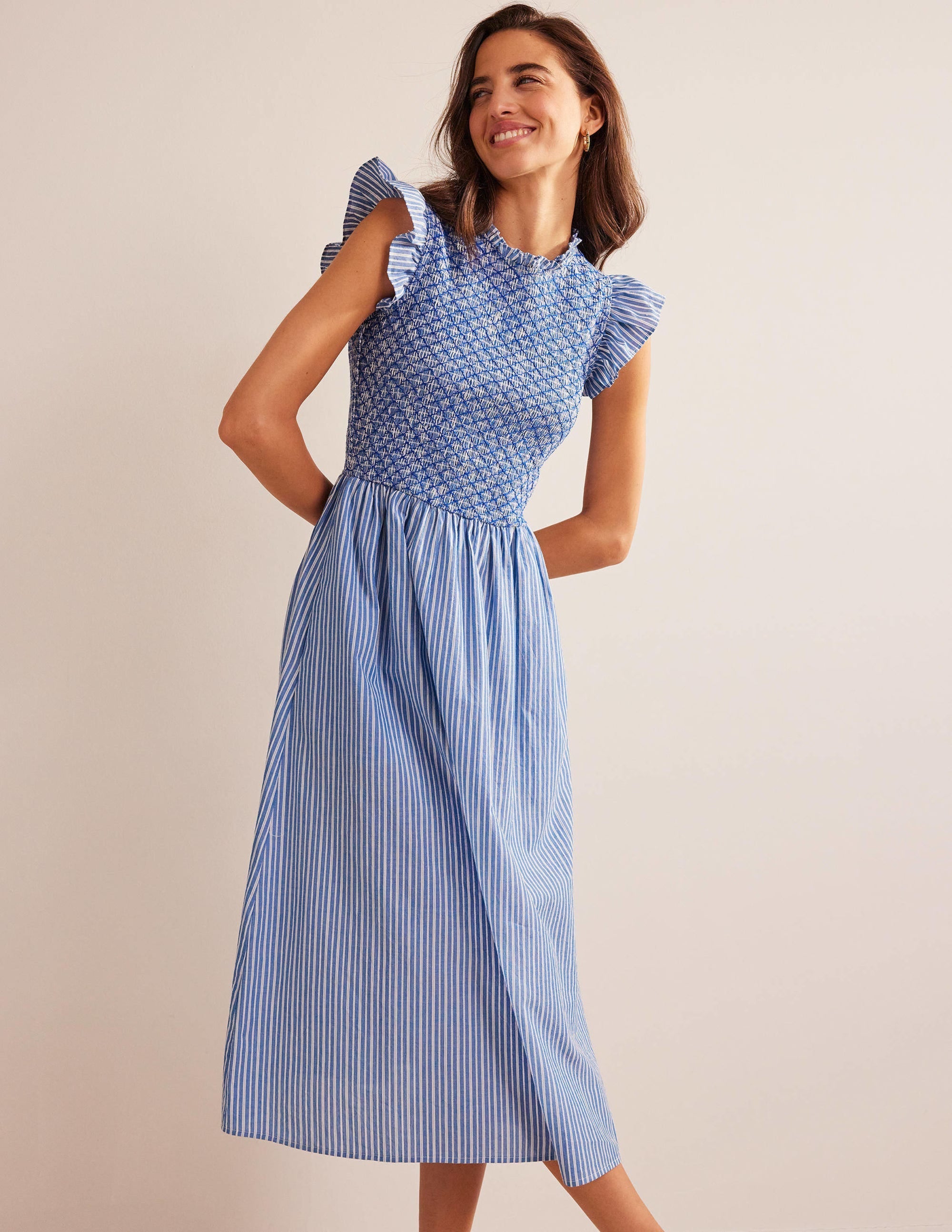 Smocked Bodice Midi Dress-Mid Blue, Leno Stripe - Image 1