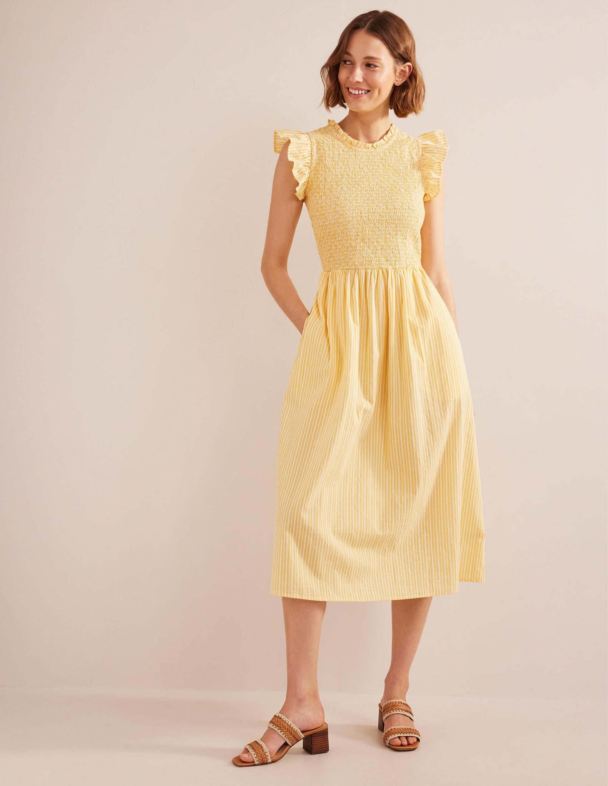 Smocked Bodice Midi Dress-Honeycomb, Leno Stripe-1