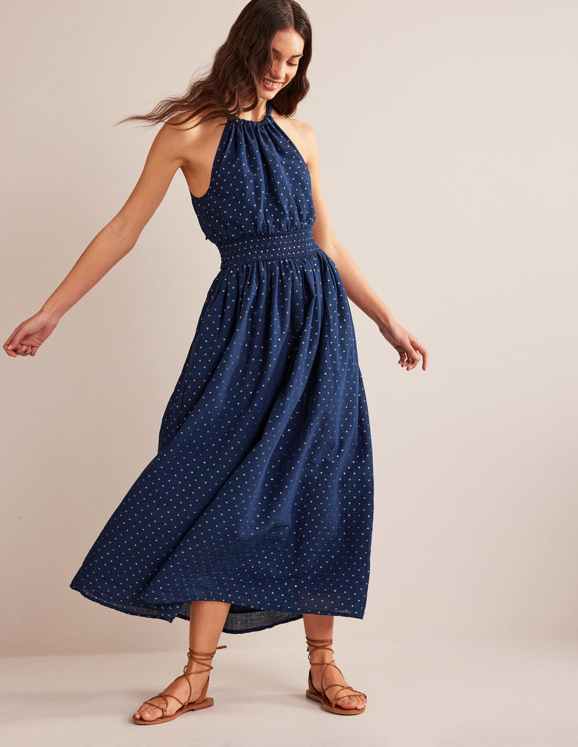Metallic Detail Maxi Dress-Navy, Gold Clip-1