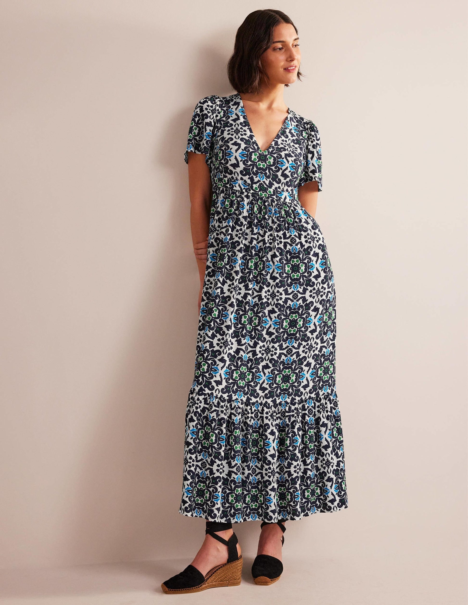 V-neck Tiered Maxi Dress-Navy, Opulent Pome-1