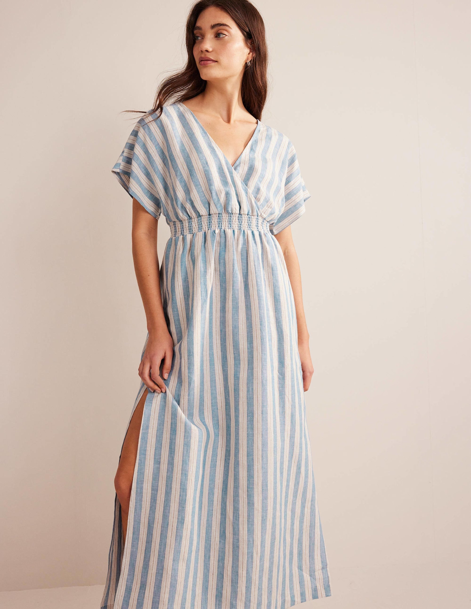 Linen Kaftan Maxi Dress-Porcelain Blue Lurex Stripe - Image 1