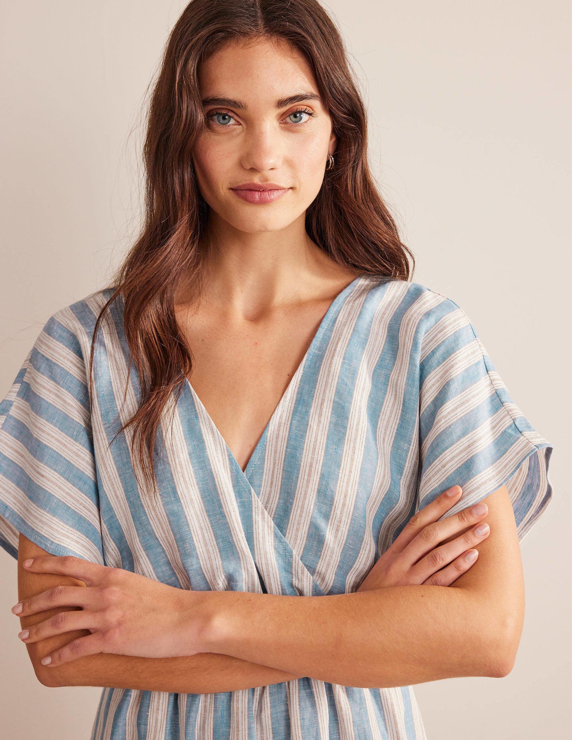 Linen Kaftan Maxi Dress-Porcelain Blue Lurex Stripe - Image 2